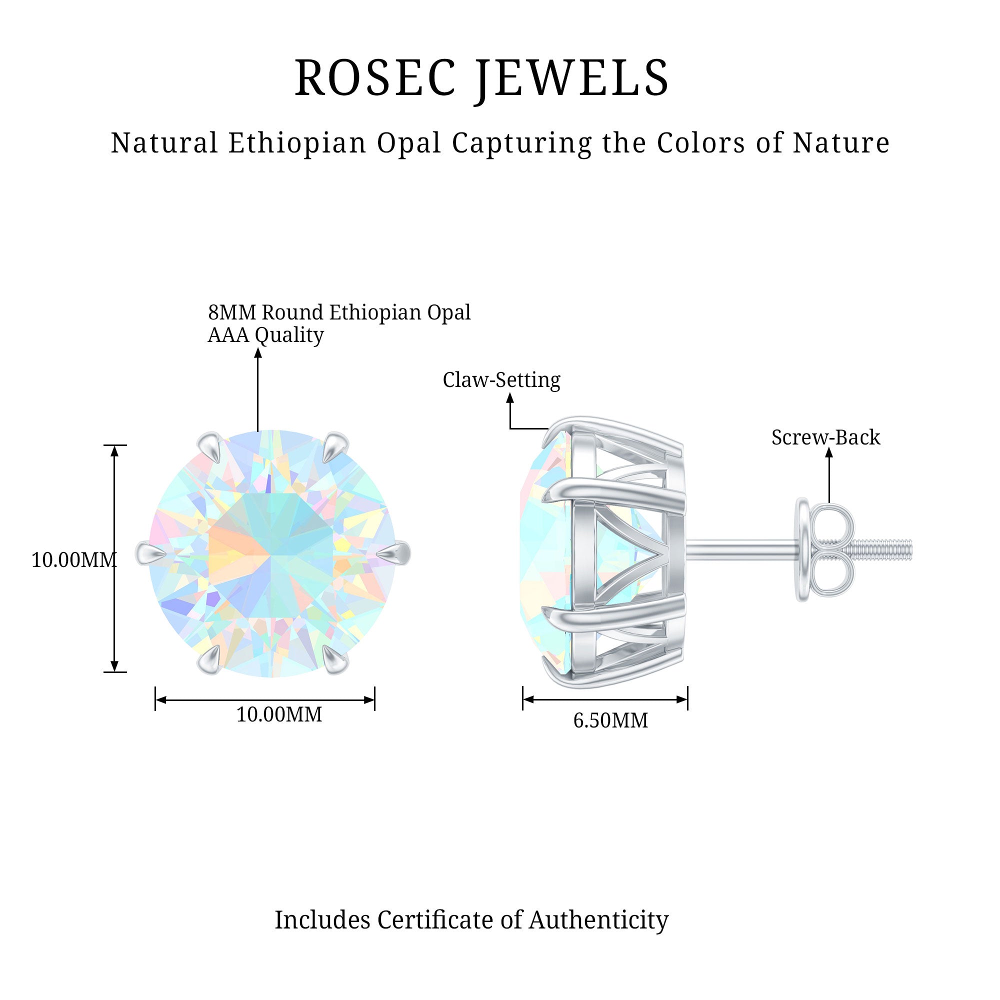 8 MM Genuine Round Ethiopian Opal Solitaire Stud Earrings in 6 Claw Setting