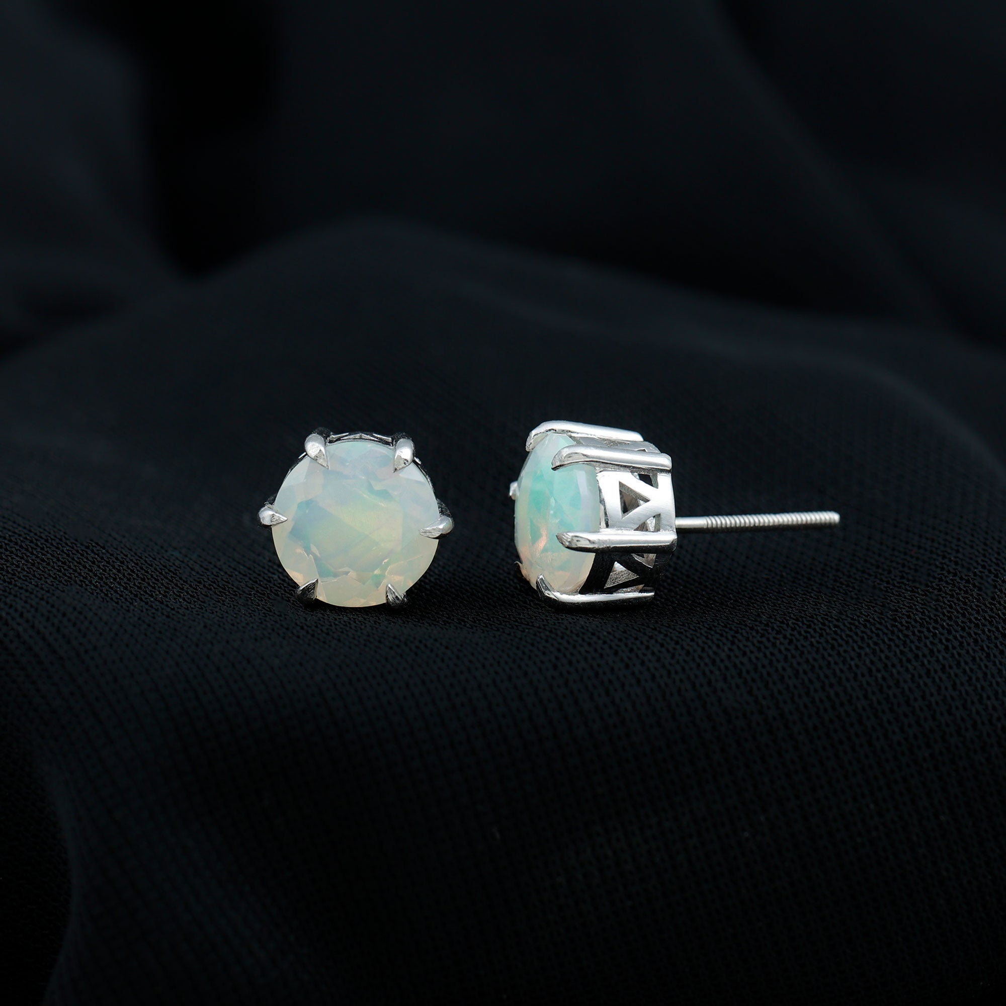 8 MM Genuine Round Ethiopian Opal Solitaire Stud Earrings in 6 Claw Setting