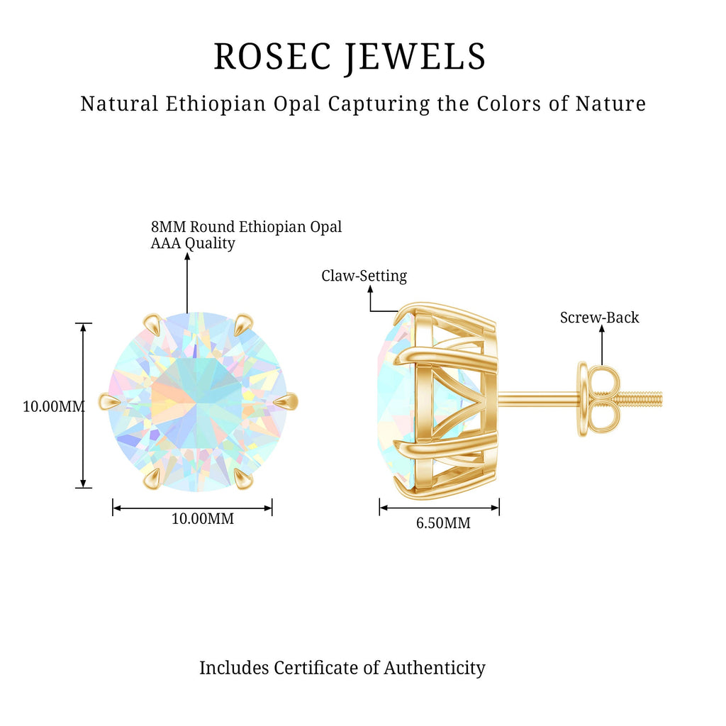 8 MM Genuine Round Ethiopian Opal Solitaire Stud Earrings in 6 Claw Setting