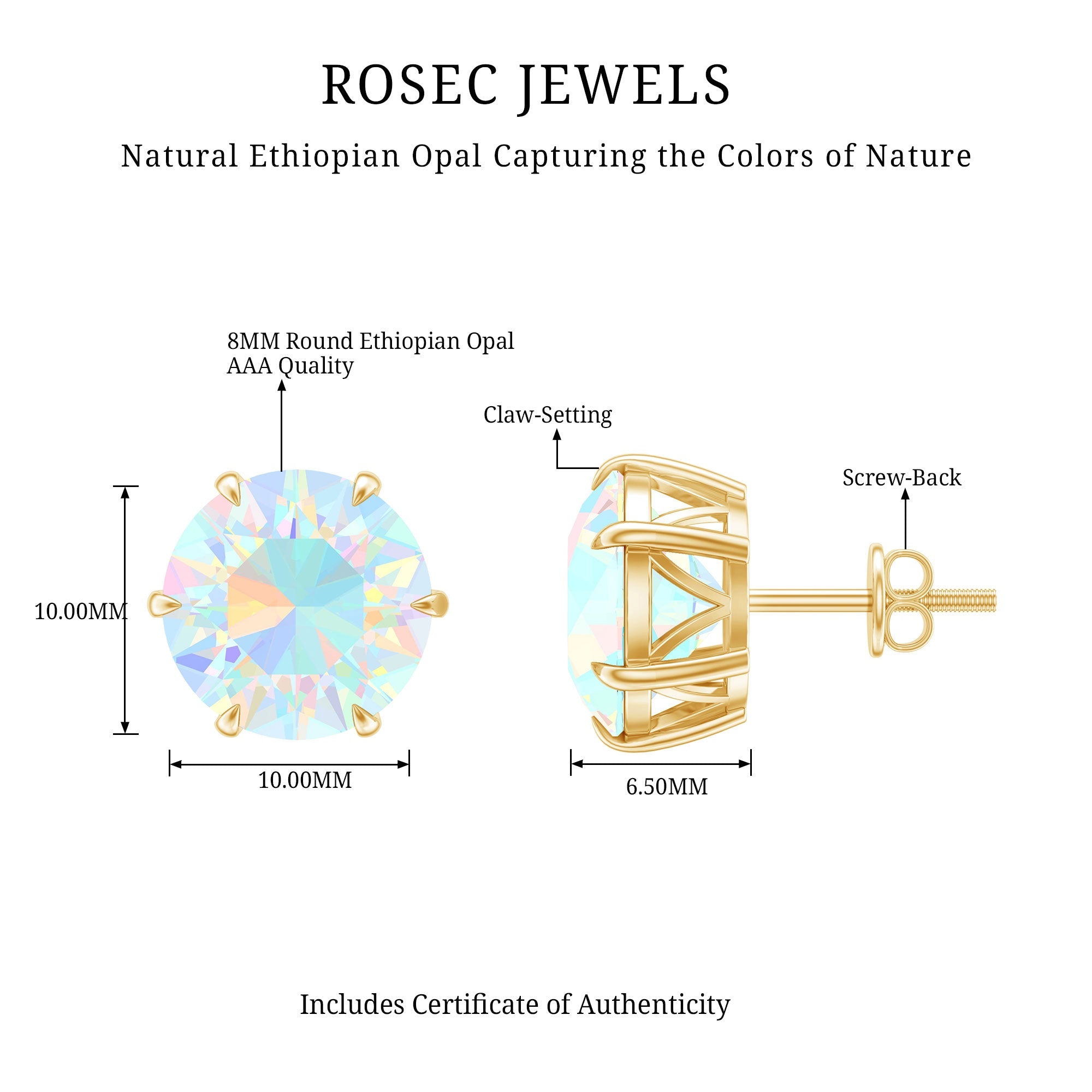 8 MM Genuine Round Ethiopian Opal Solitaire Stud Earrings in 6 Claw Setting