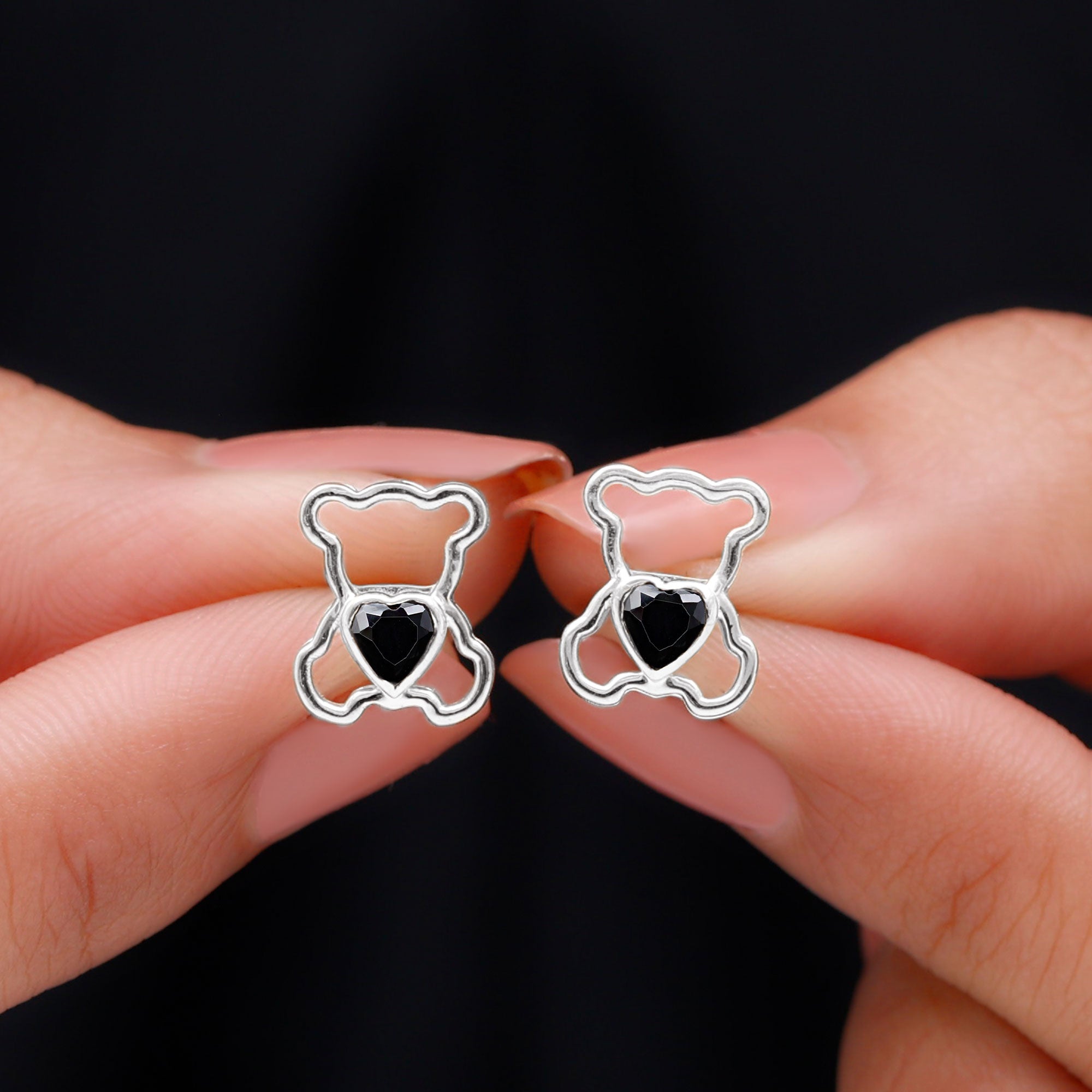 Heart Shape Lab Created Black Diamond Teddy Bear Stud Earrings