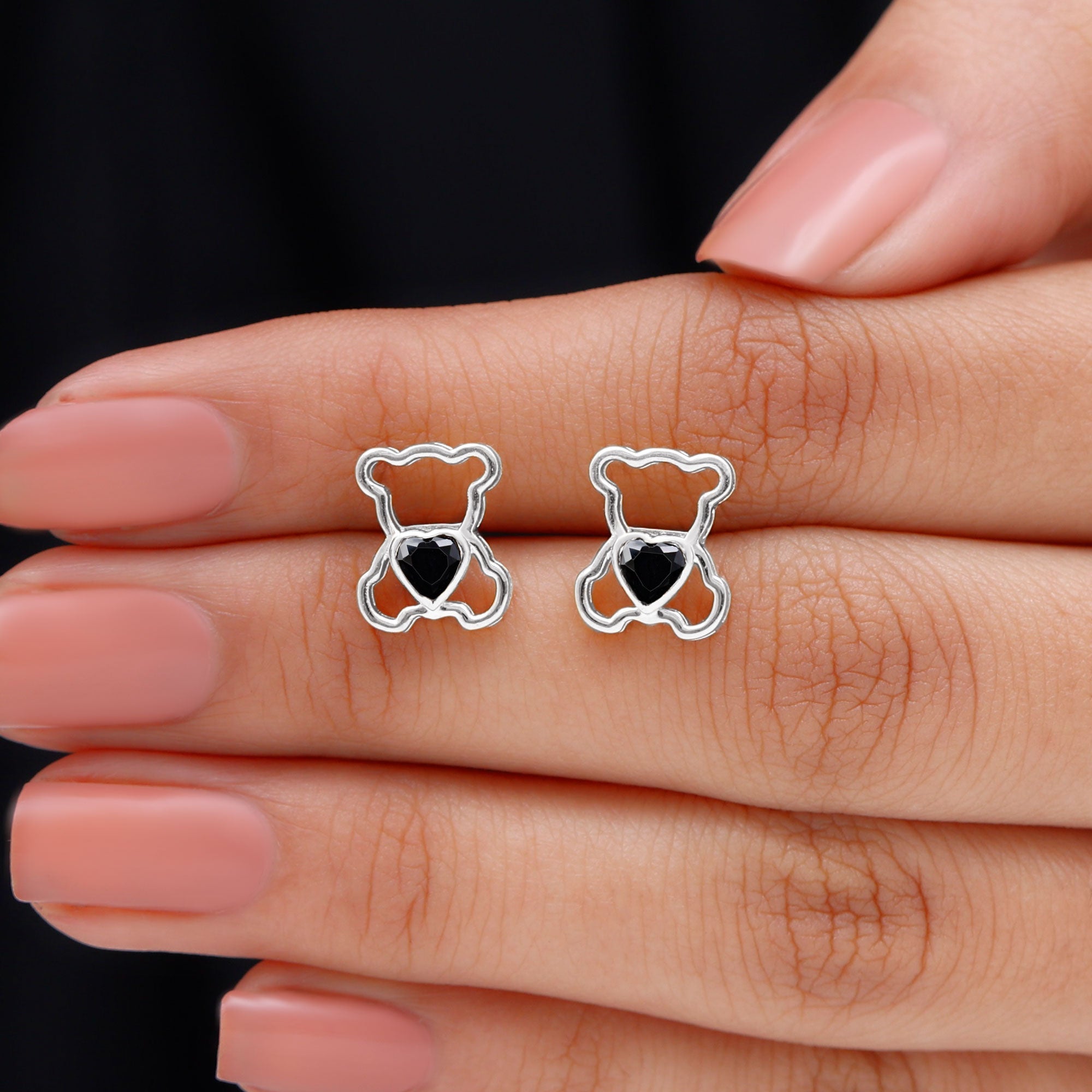 Heart Shape Lab Created Black Diamond Teddy Bear Stud Earrings