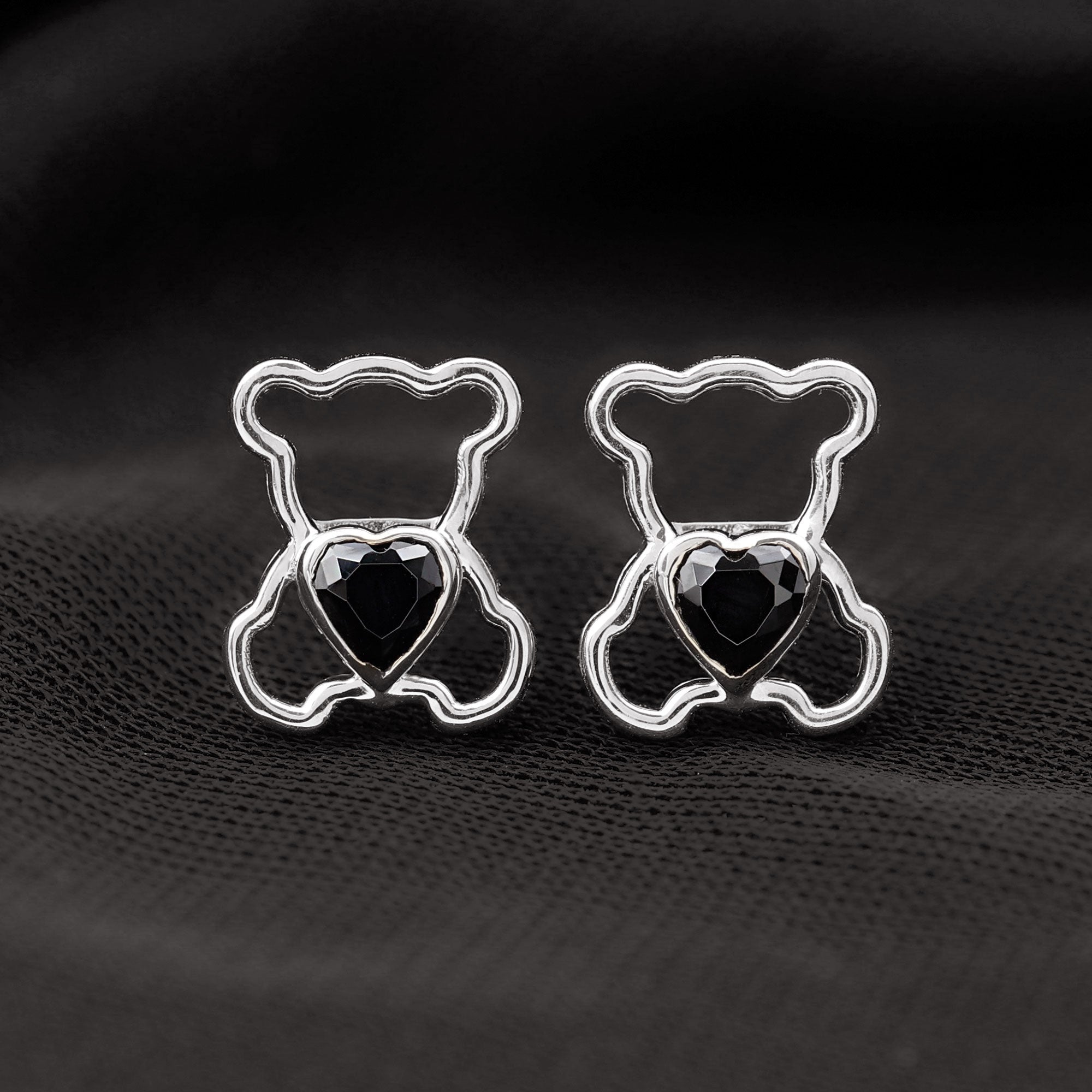 Heart Shape Lab Created Black Diamond Teddy Bear Stud Earrings