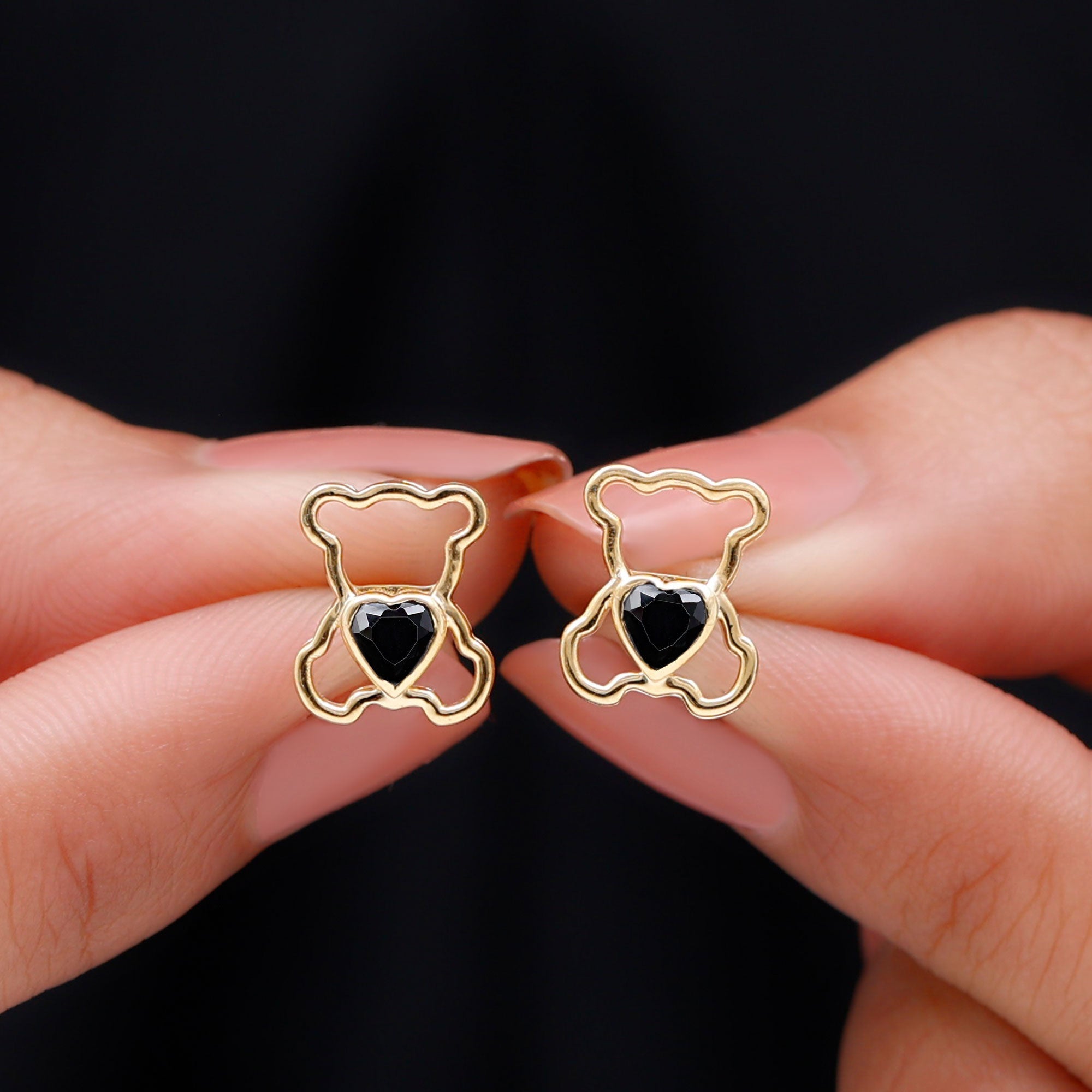 Heart Shape Lab Created Black Diamond Teddy Bear Stud Earrings