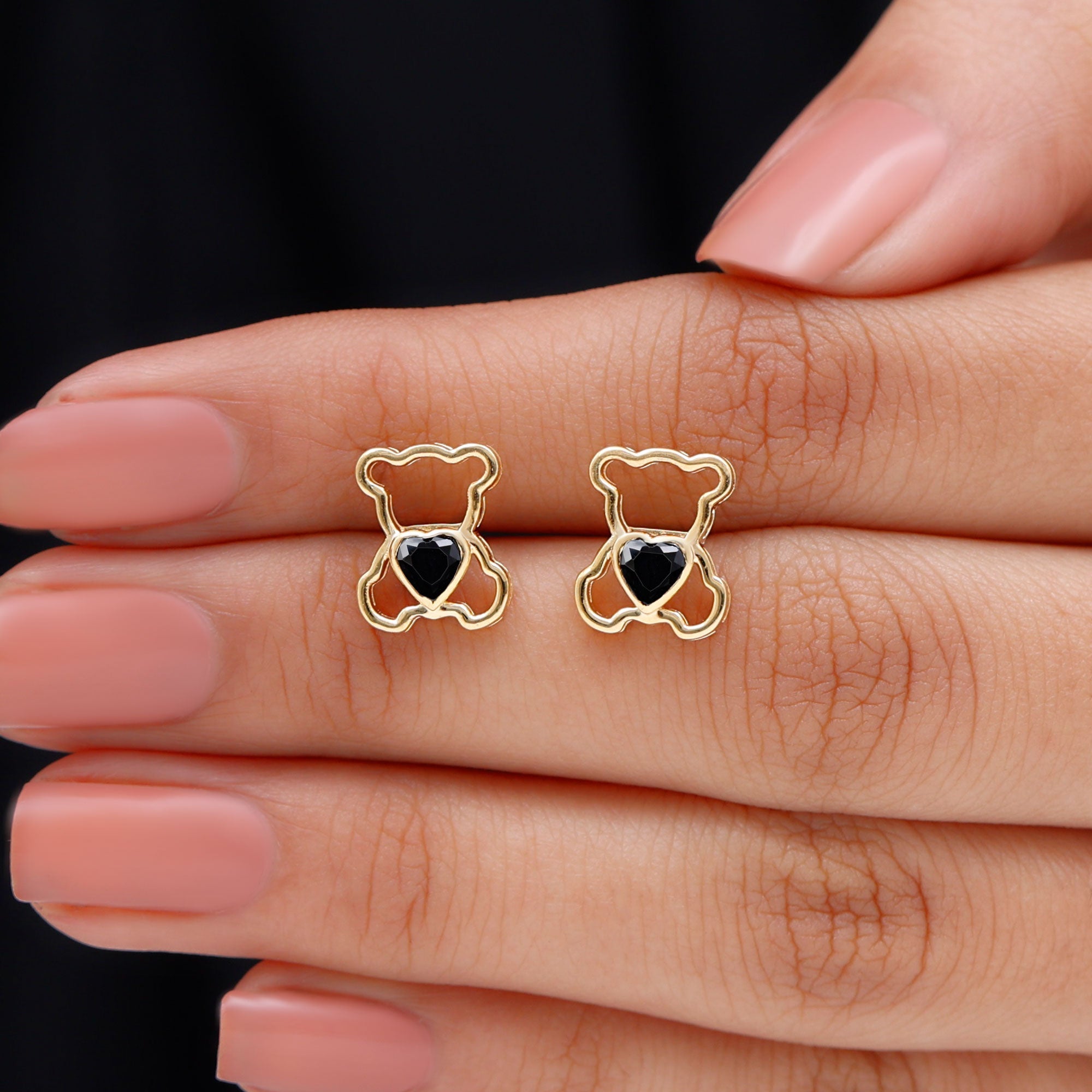 Heart Shape Lab Created Black Diamond Teddy Bear Stud Earrings
