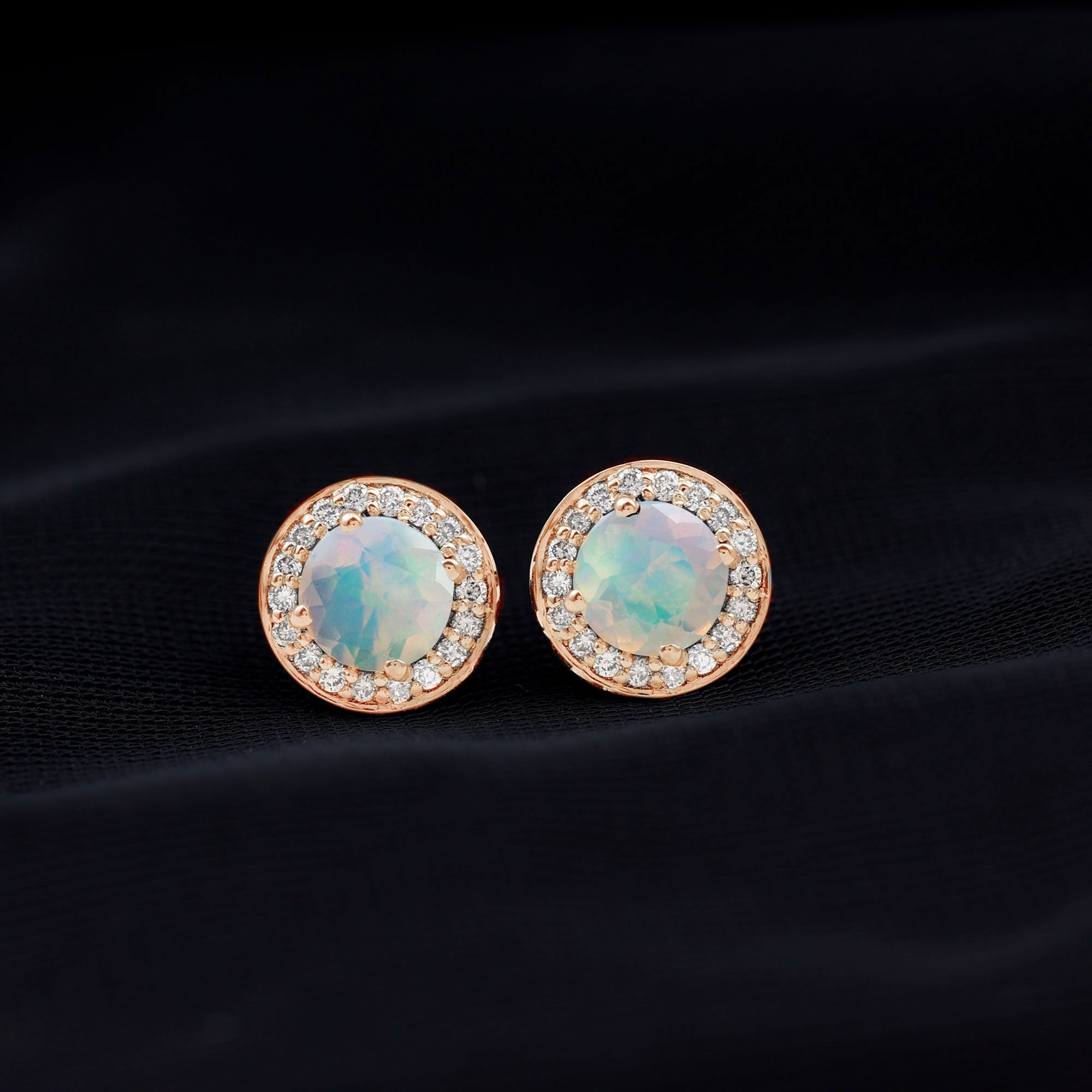 1.6 Carat Round Ethiopian Opal and Diamond Halo Stud Earrings