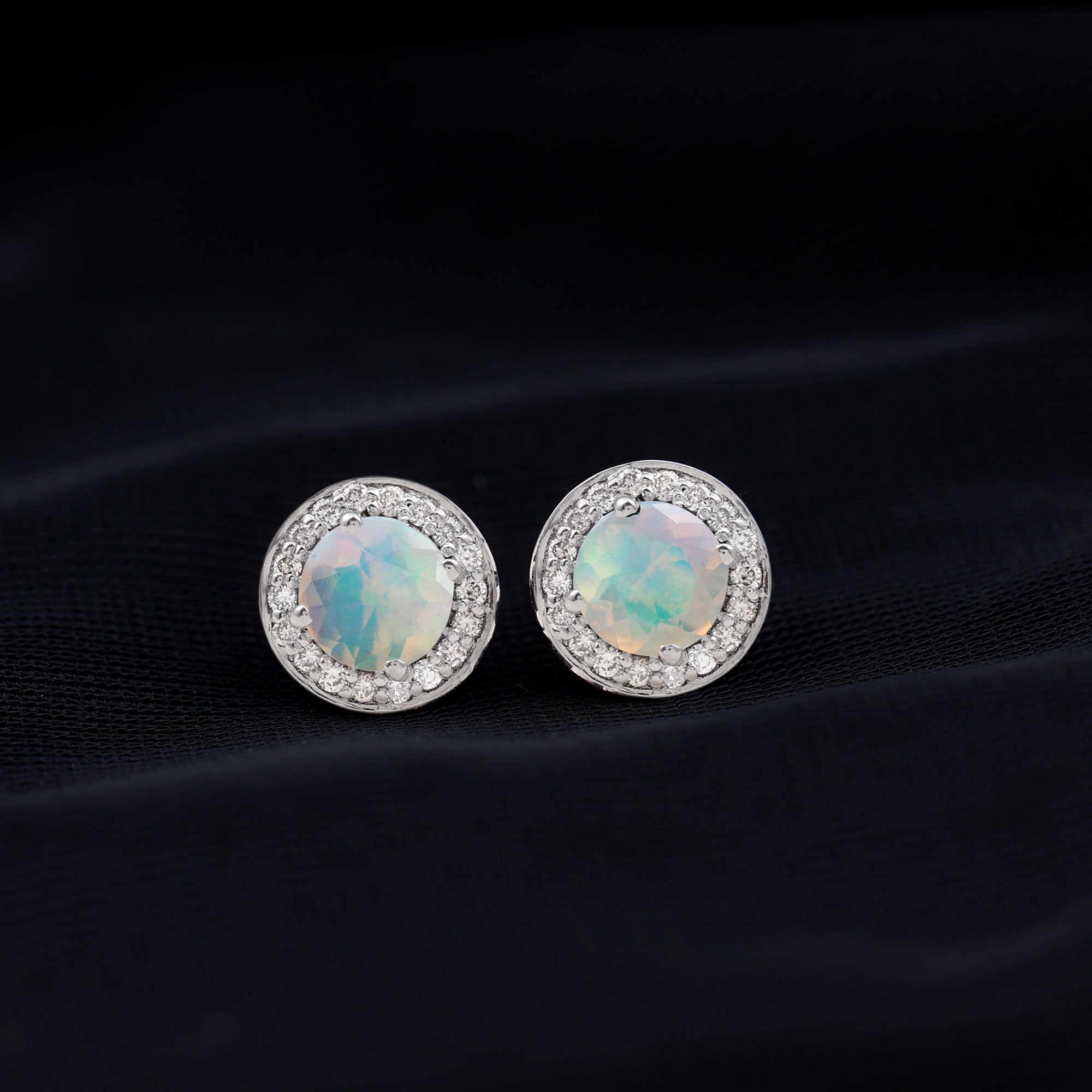 1.6 Carat Round Ethiopian Opal and Diamond Halo Stud Earrings