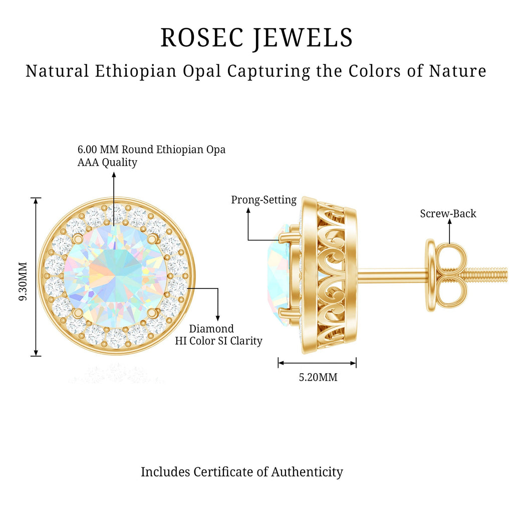 1.6 Carat Round Ethiopian Opal and Diamond Halo Stud Earrings
