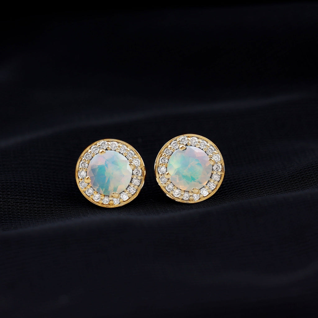 1.6 Carat Round Ethiopian Opal and Diamond Halo Stud Earrings