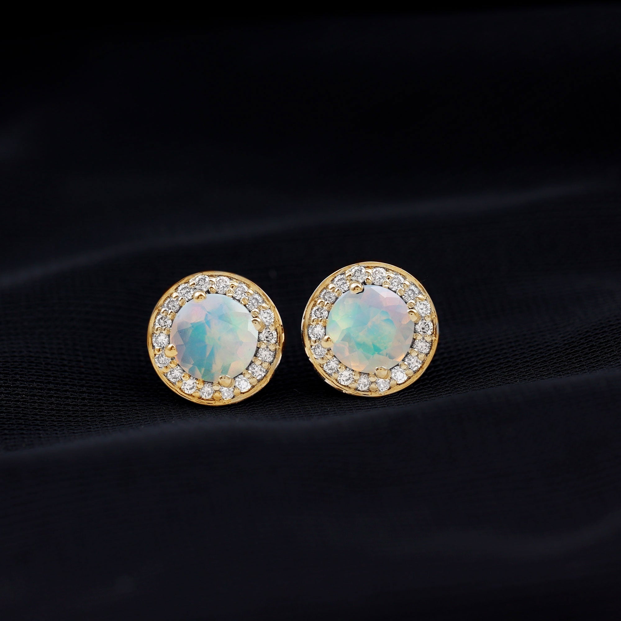 1.6 Carat Round Ethiopian Opal and Diamond Halo Stud Earrings
