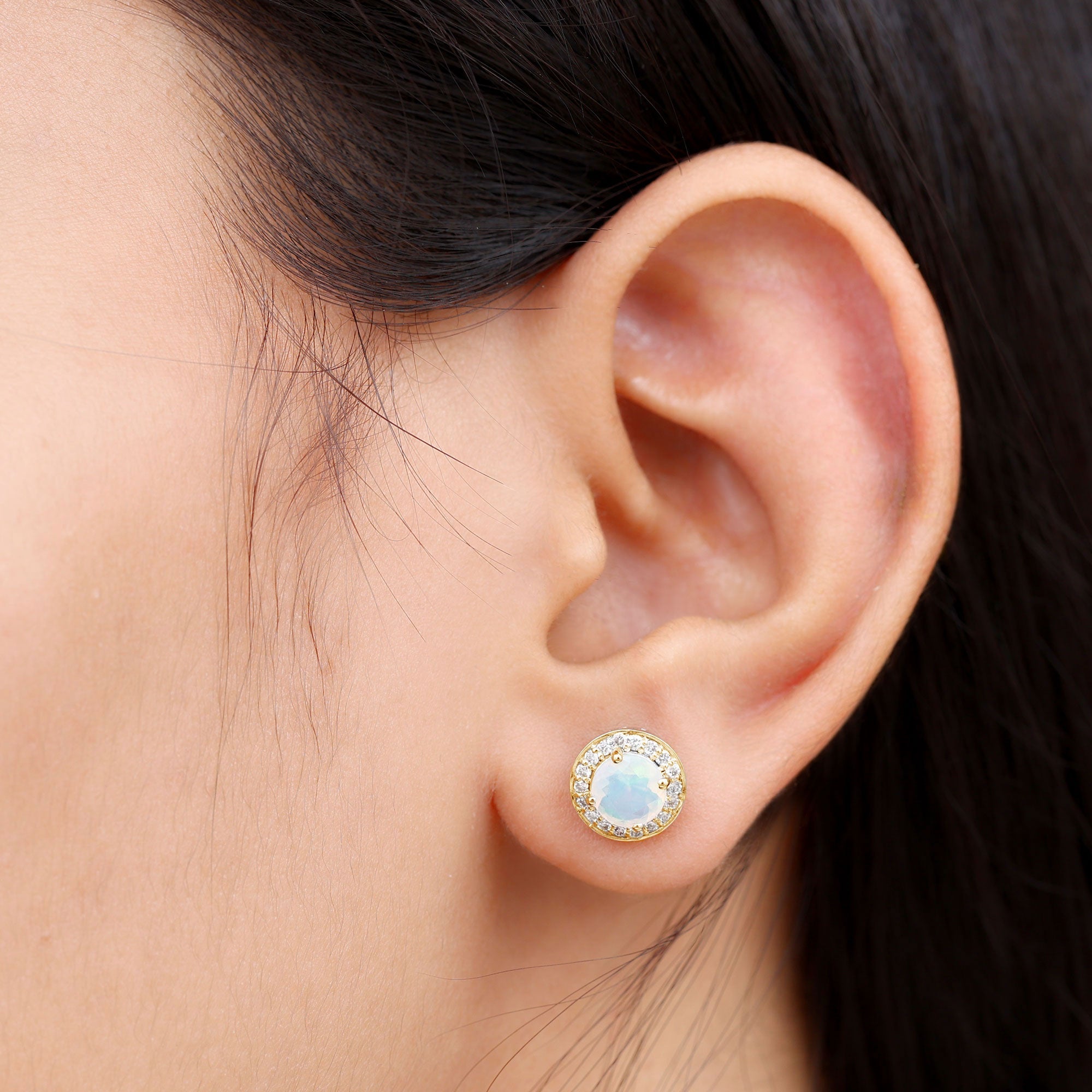 1.6 Carat Round Ethiopian Opal and Diamond Halo Stud Earrings
