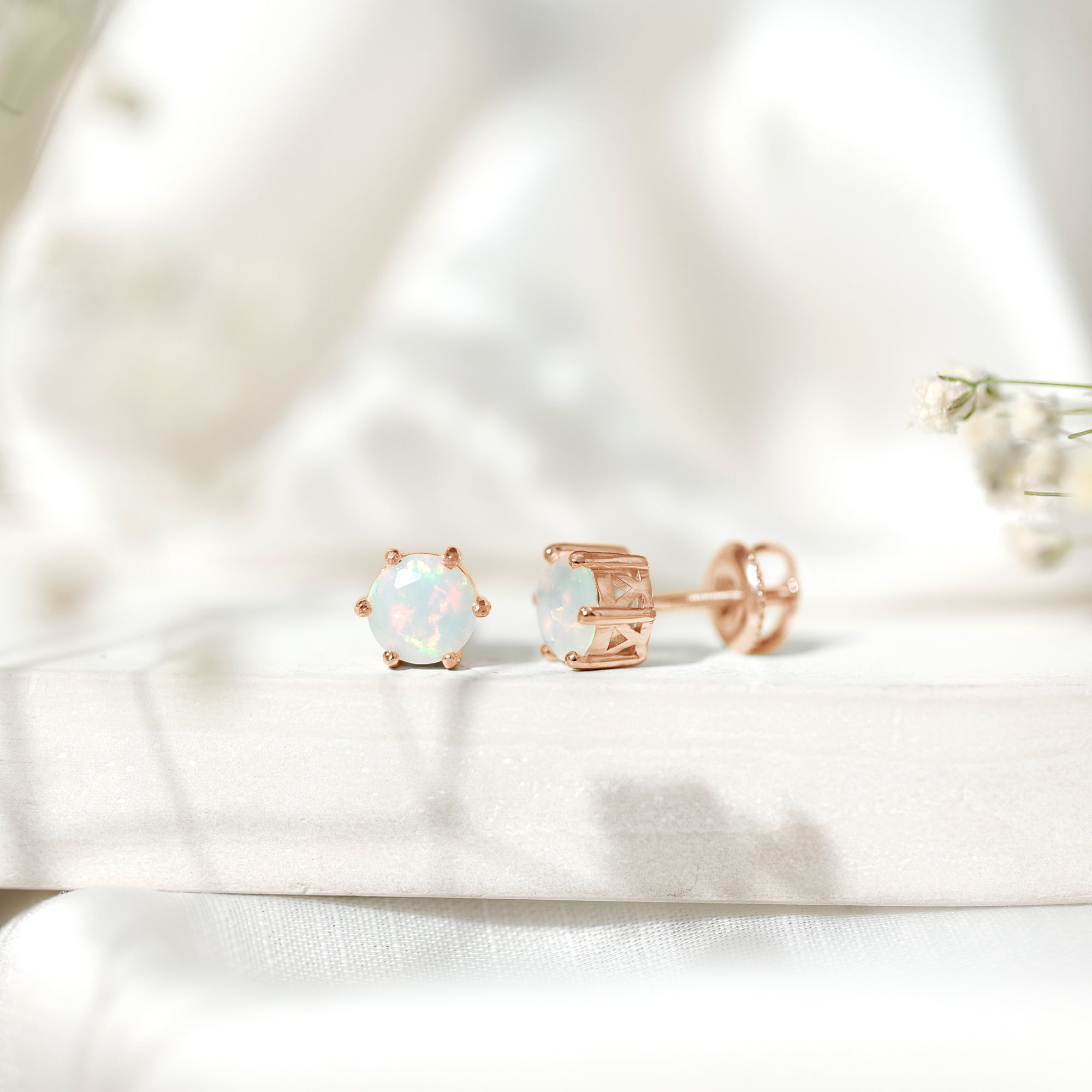 6MM Round Ethiopian Opal Solitaire Stud Earrings in 6 Claw Setting