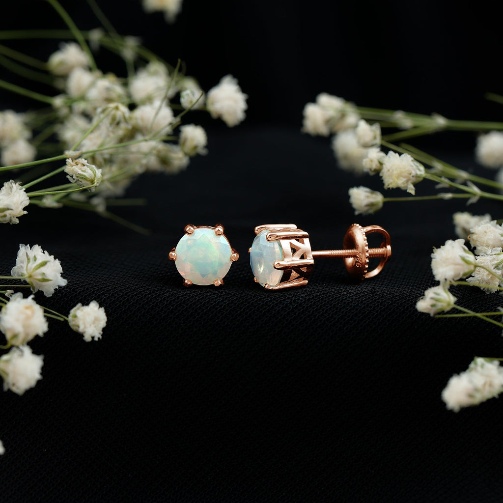 6MM Round Ethiopian Opal Solitaire Stud Earrings in 6 Claw Setting