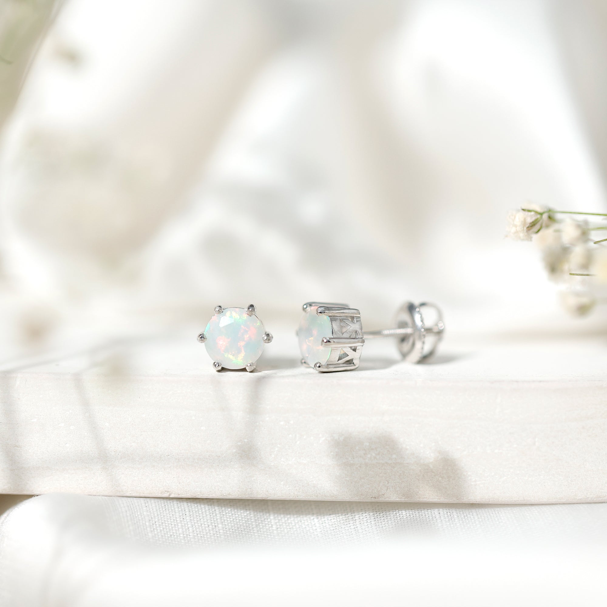 6MM Round Ethiopian Opal Solitaire Stud Earrings in 6 Claw Setting