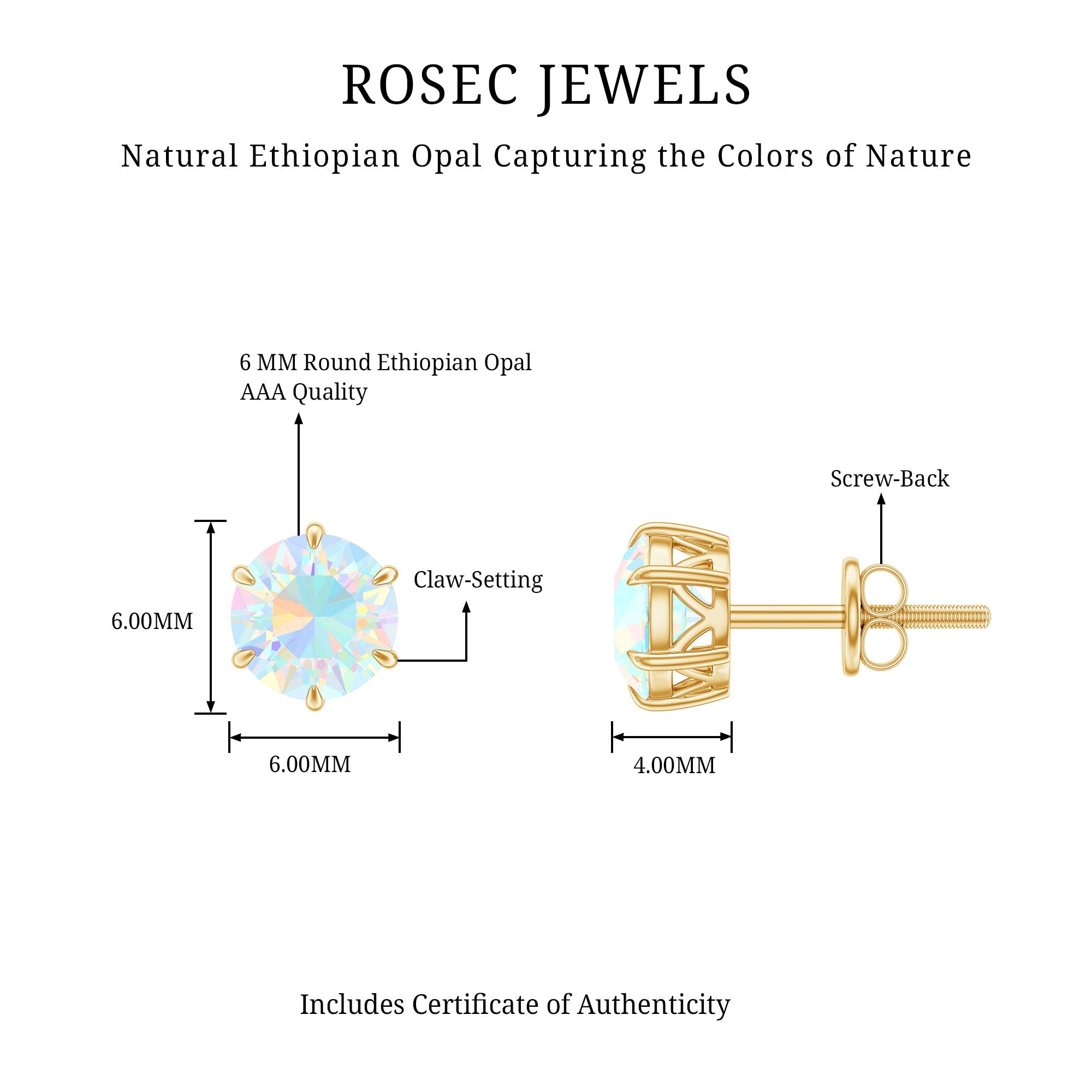 6MM Round Ethiopian Opal Solitaire Stud Earrings in 6 Claw Setting