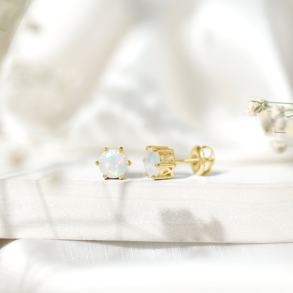 6MM Round Ethiopian Opal Solitaire Stud Earrings in 6 Claw Setting