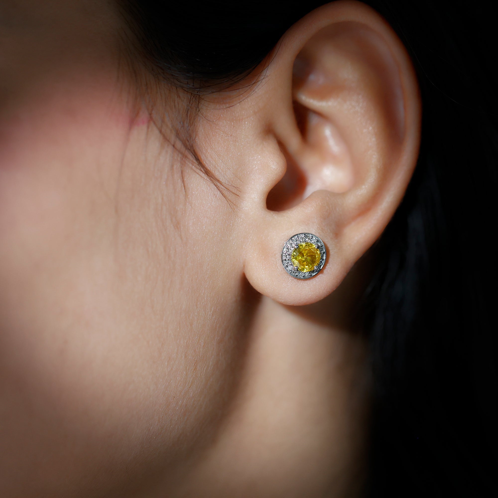 Lab Grown Yellow Sapphire and Diamond Halo Stud Earrings