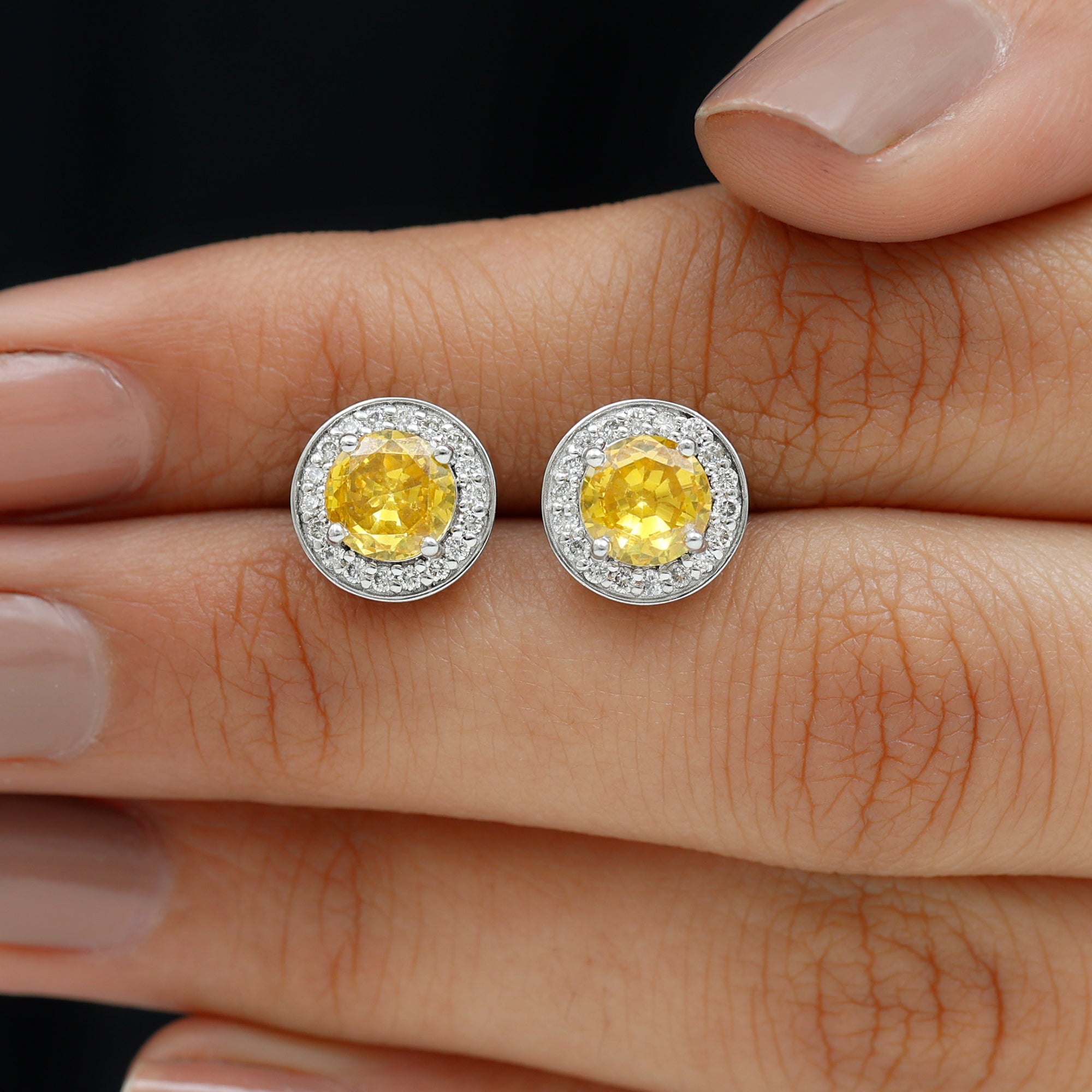 Lab Grown Yellow Sapphire and Diamond Halo Stud Earrings