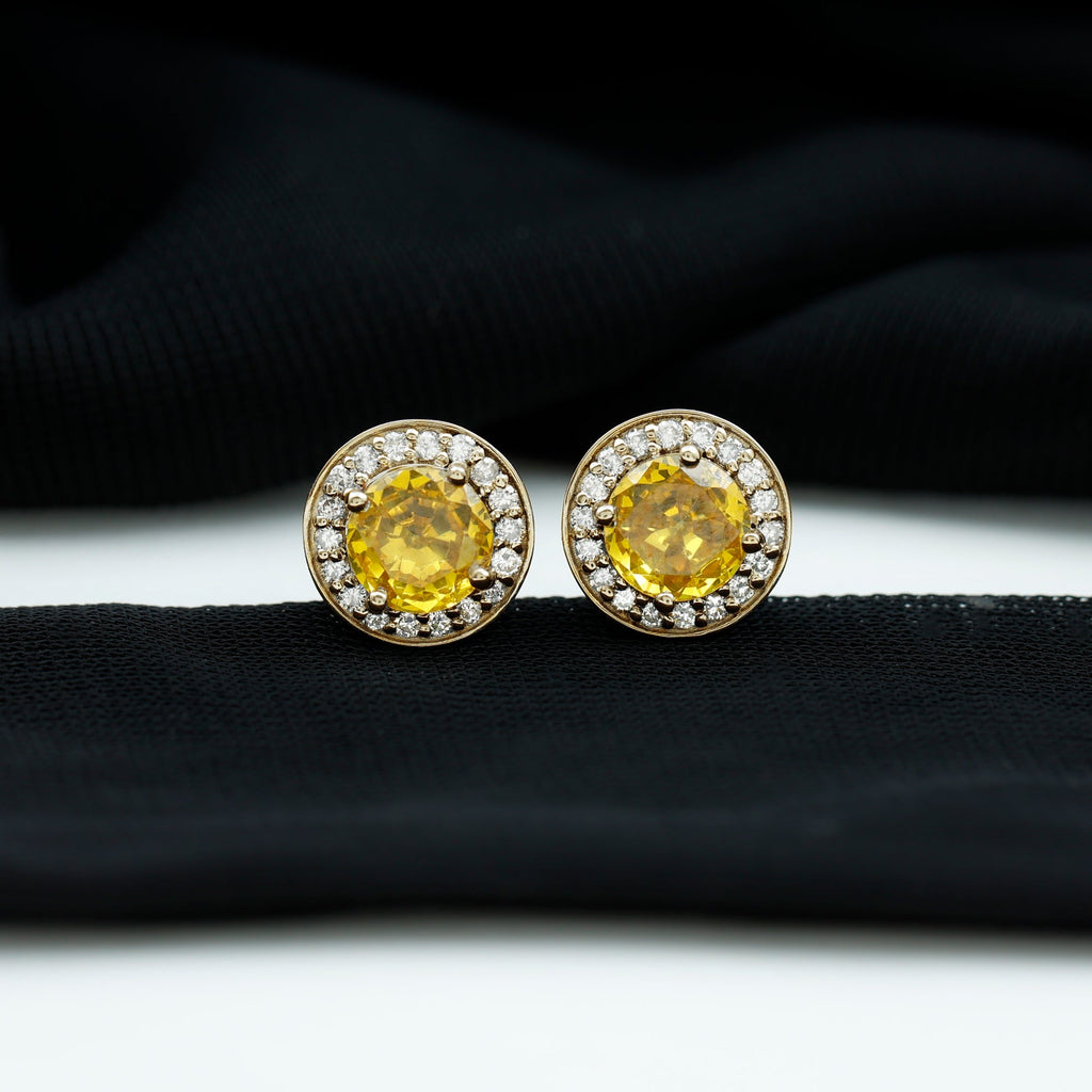 Lab Grown Yellow Sapphire and Diamond Halo Stud Earrings