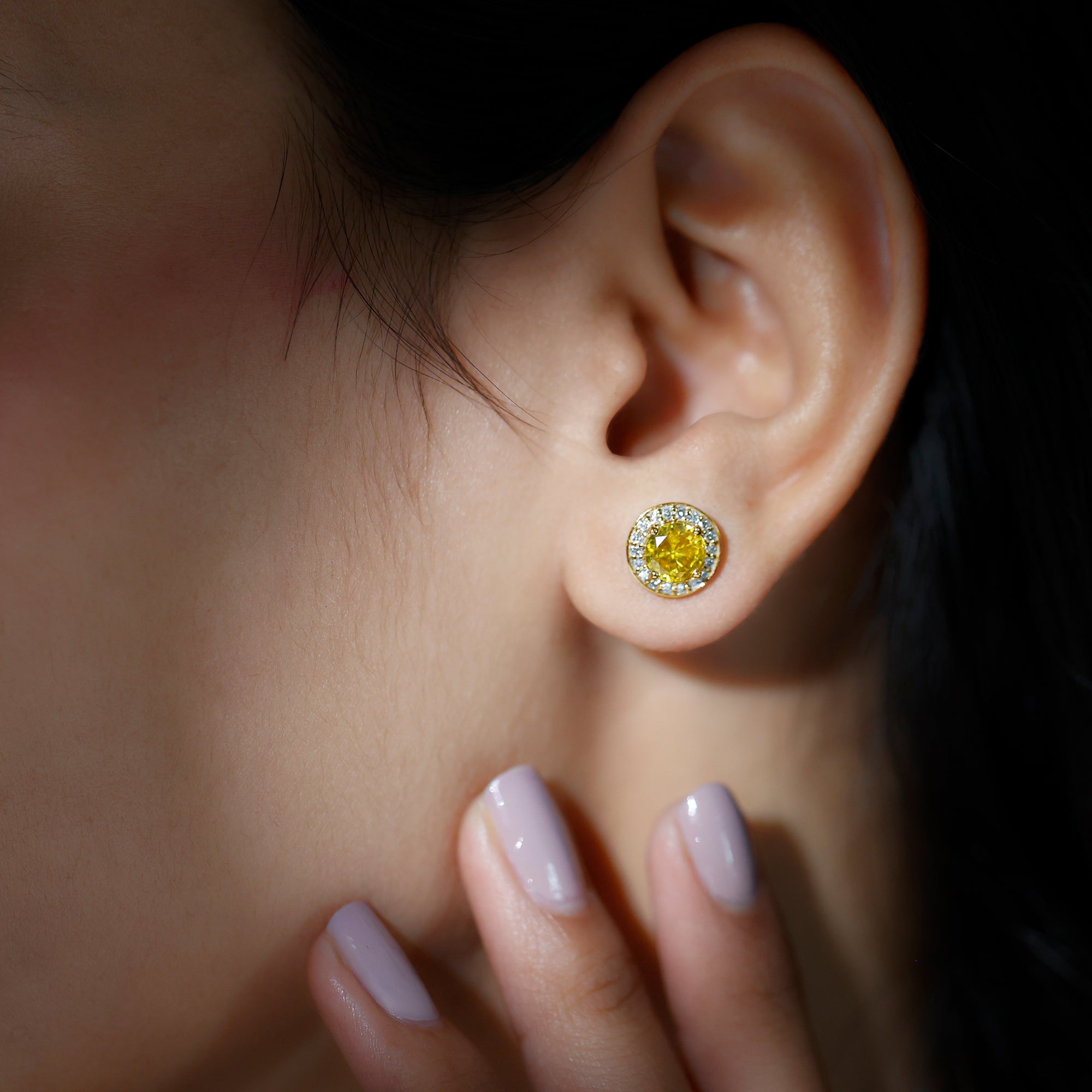 Lab Grown Yellow Sapphire and Diamond Halo Stud Earrings