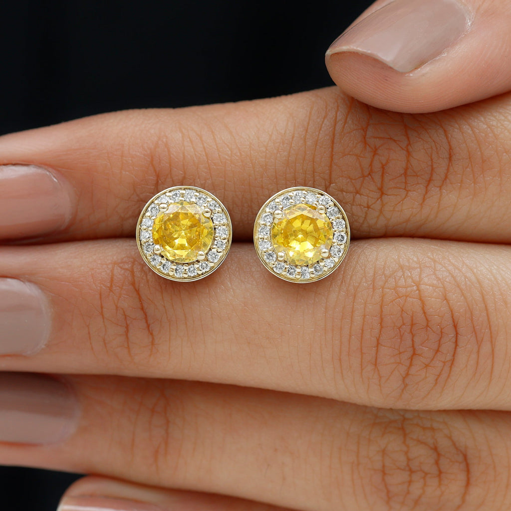 Lab Grown Yellow Sapphire and Diamond Halo Stud Earrings