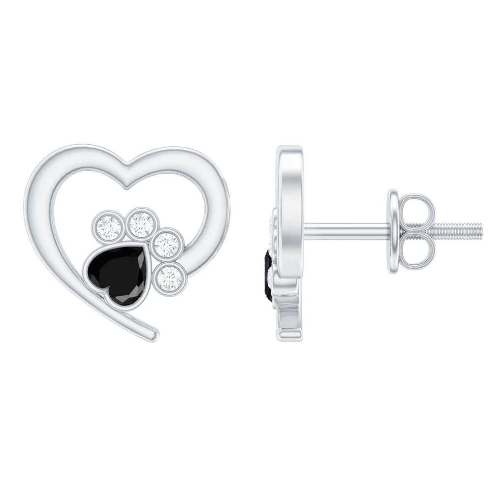 Heart Shape Black Spinel Paw Stud Earrings with Moissanite