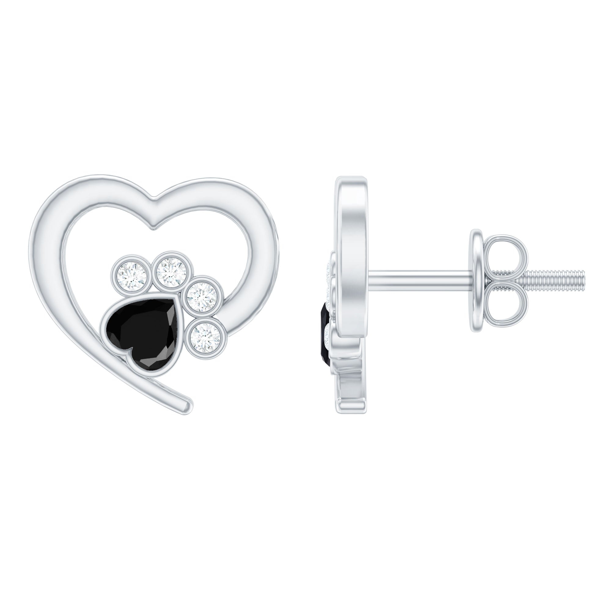 Heart Shape Black Spinel Paw Stud Earrings with Moissanite