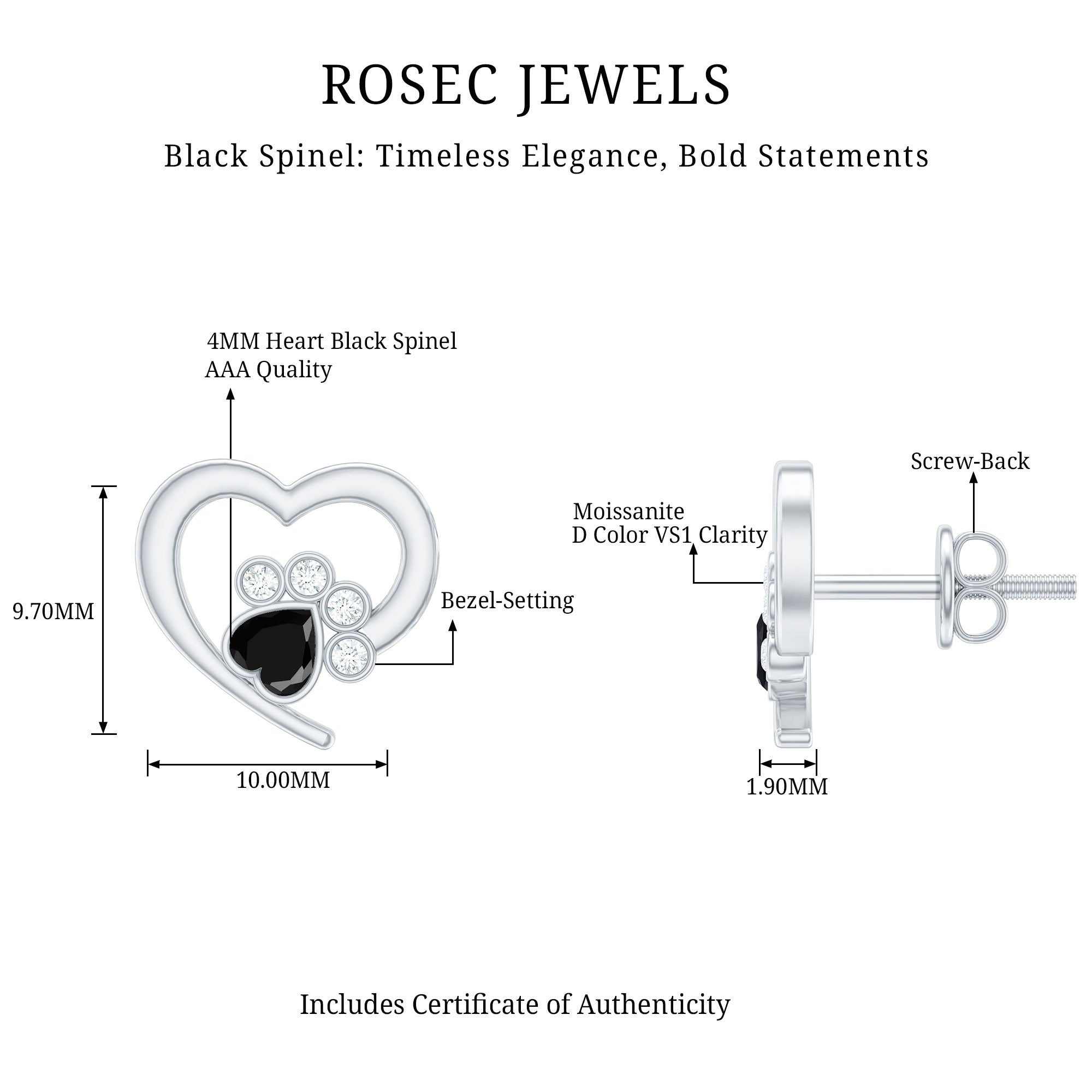 Heart Shape Black Spinel Paw Stud Earrings with Moissanite