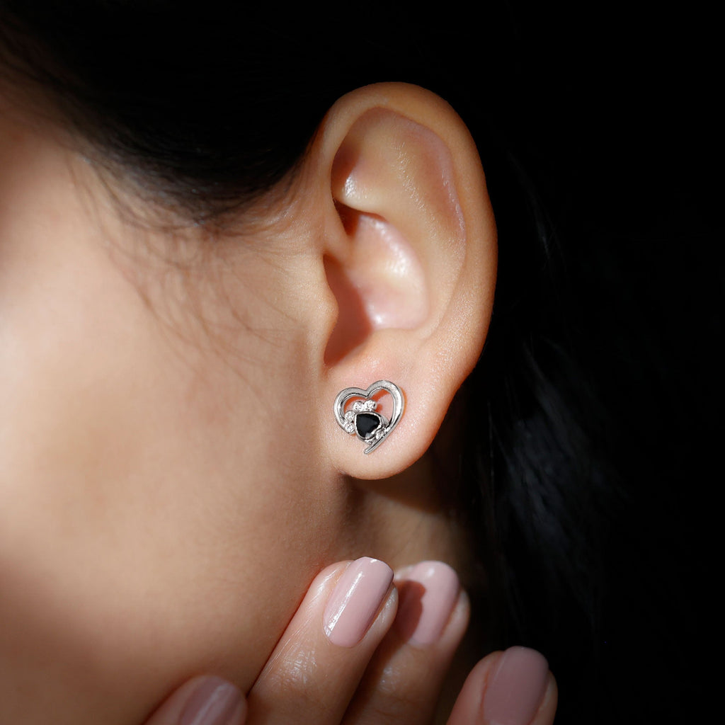 Heart Shape Black Spinel Paw Stud Earrings with Moissanite