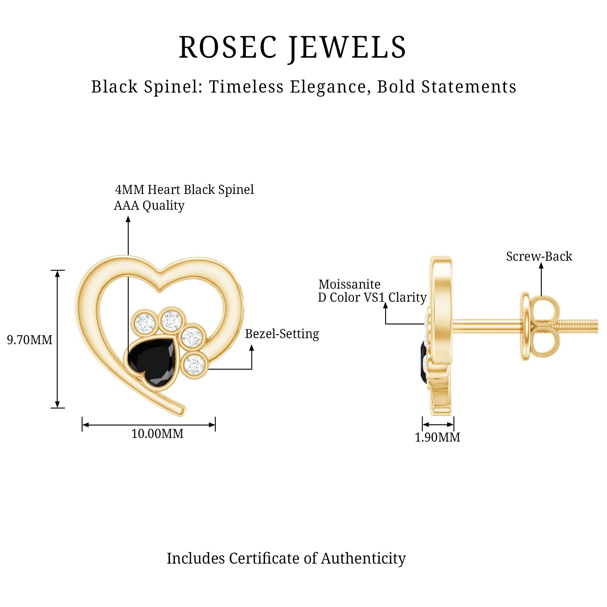 Heart Shape Black Spinel Paw Stud Earrings with Moissanite