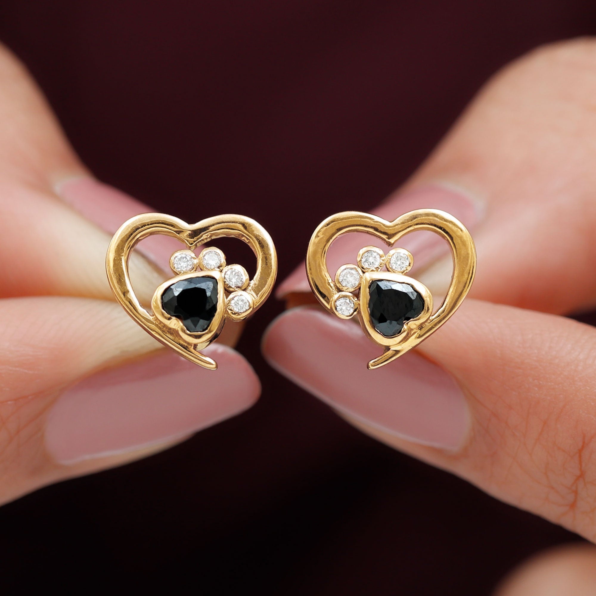 Heart Shape Black Spinel Paw Stud Earrings with Moissanite