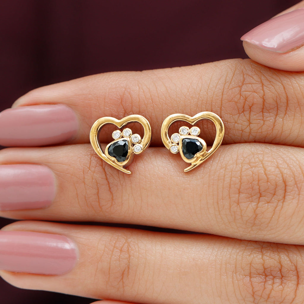 Heart Shape Black Spinel Paw Stud Earrings with Moissanite
