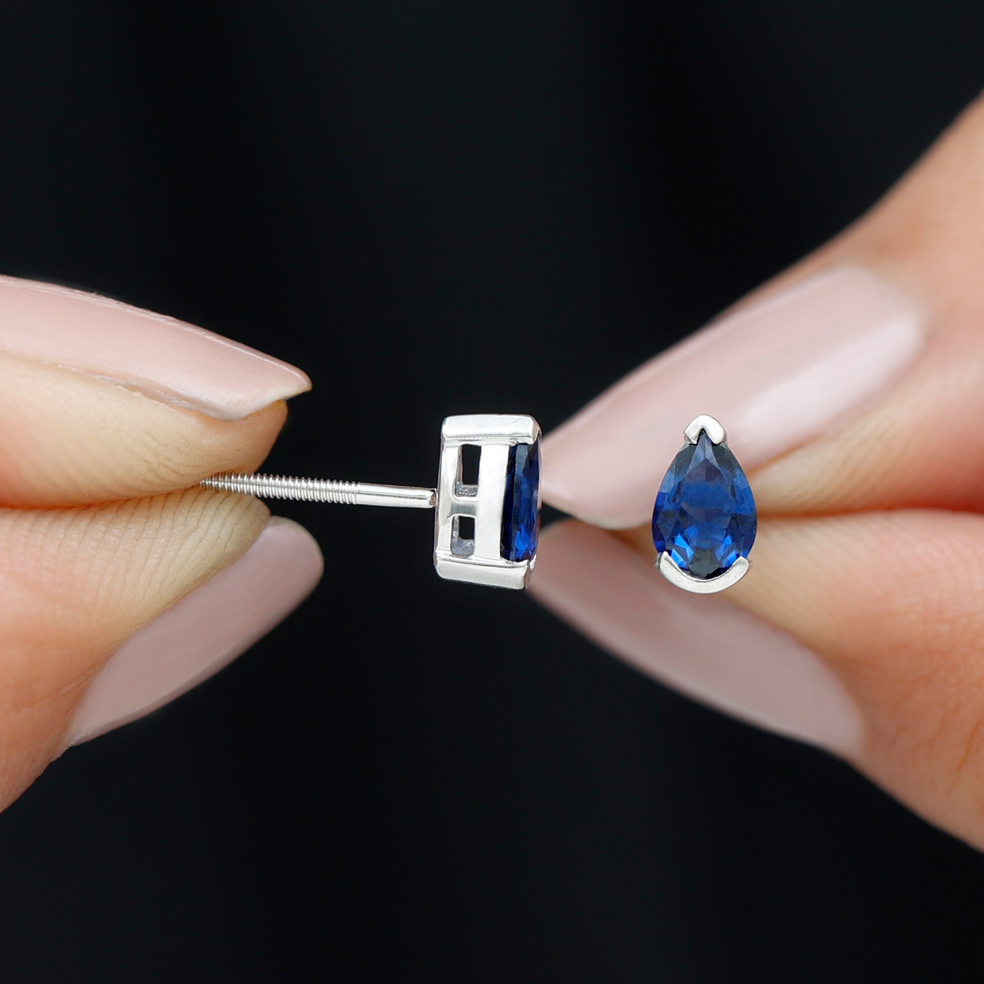 1 Carat Lab Grown Blue Sapphire Teardrop Stud Earrings