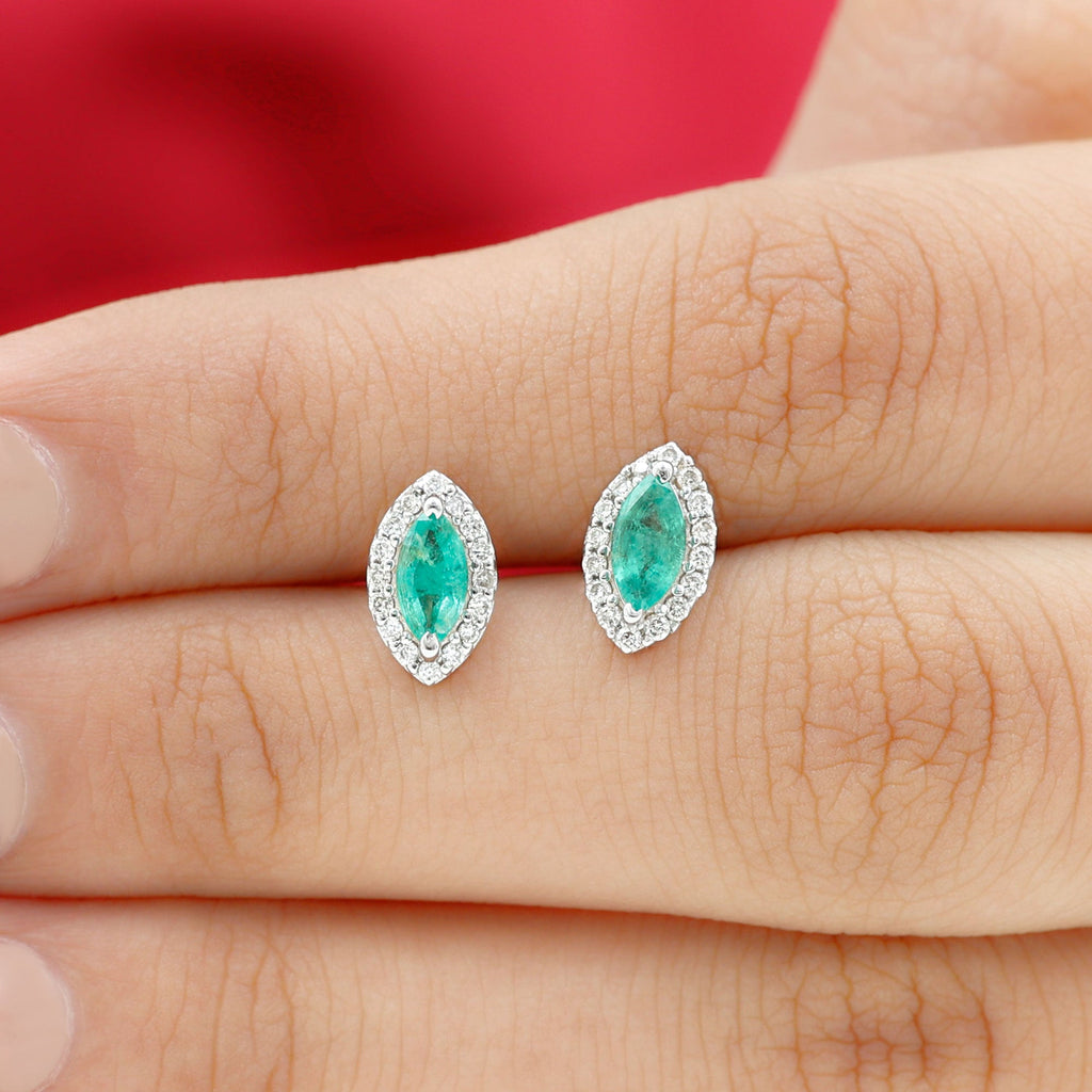 1.6 Carat Marquise Cut Emerald and Diamond Stud Earrings