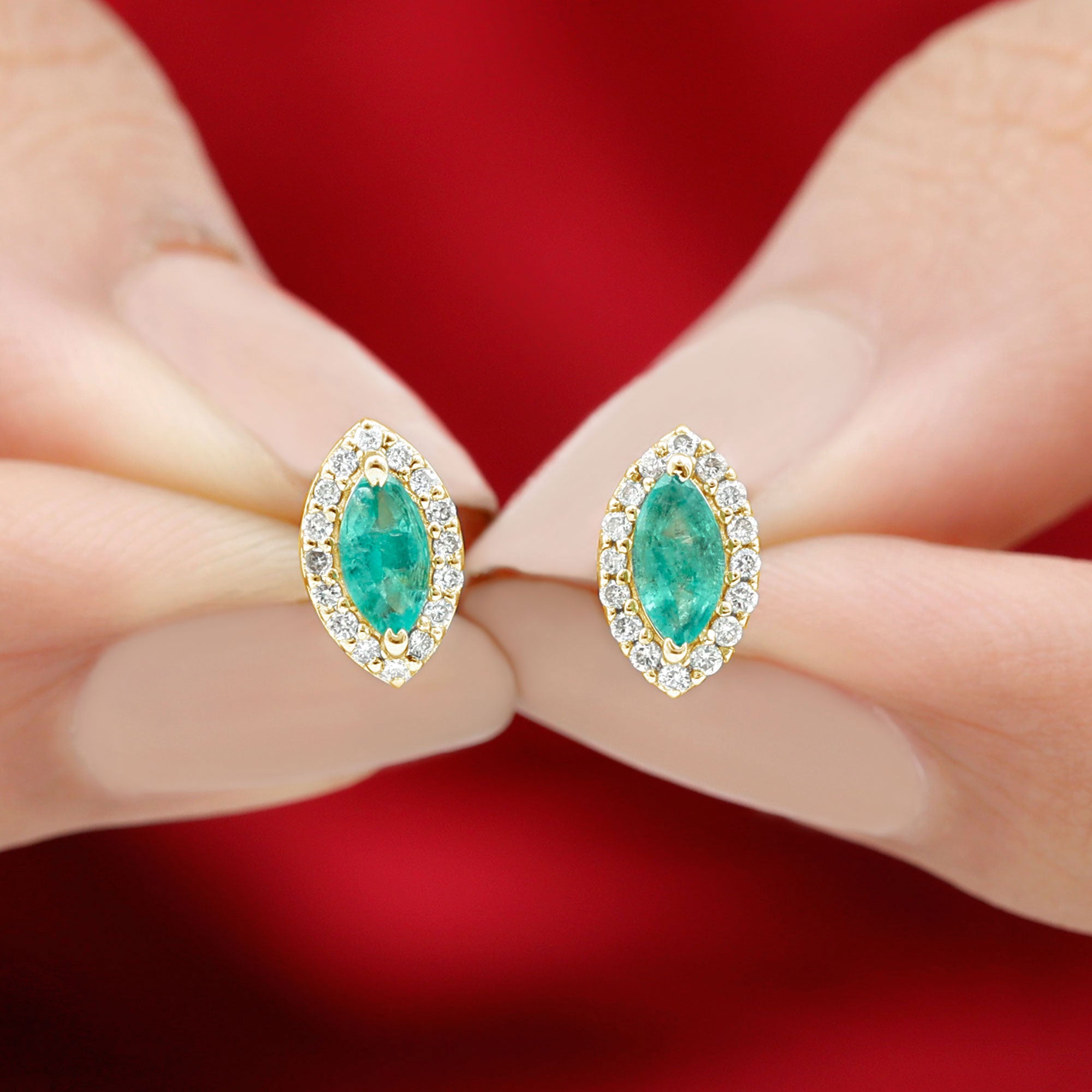 1.6 Carat Marquise Cut Emerald and Diamond Stud Earrings