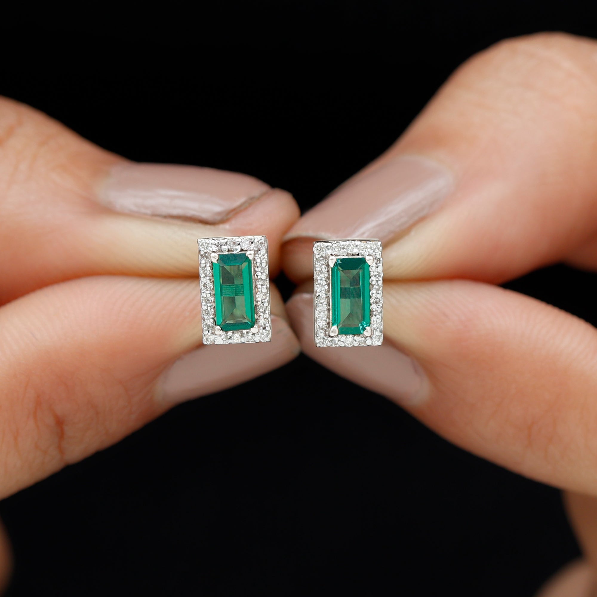Baguette Cut Lab Grown Emerald and Diamond Halo Stud Earrings