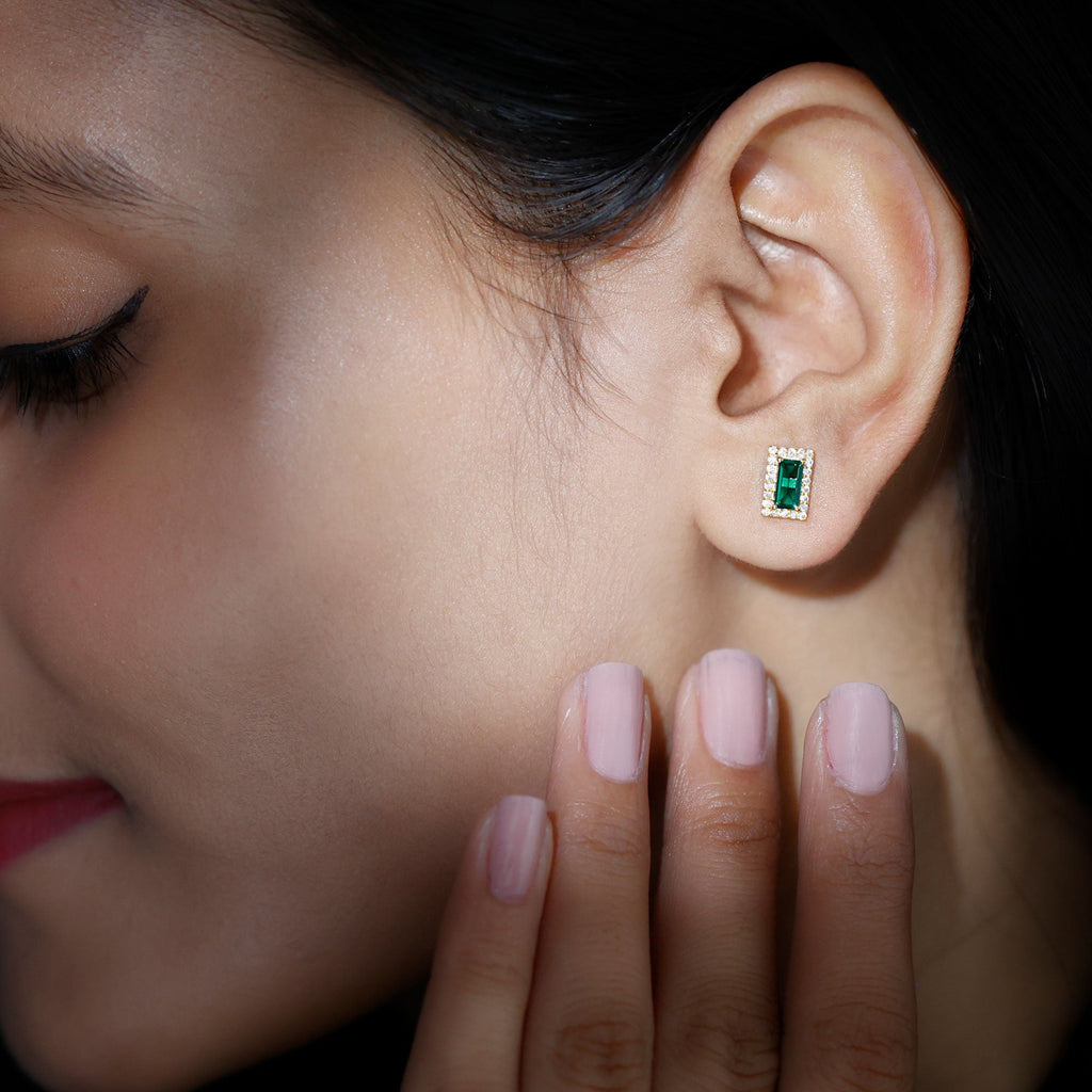 Baguette Cut Lab Grown Emerald and Diamond Halo Stud Earrings