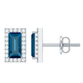 Natural Half Carat Baguette London Blue Topaz Stud Earrings with Diamond Halo