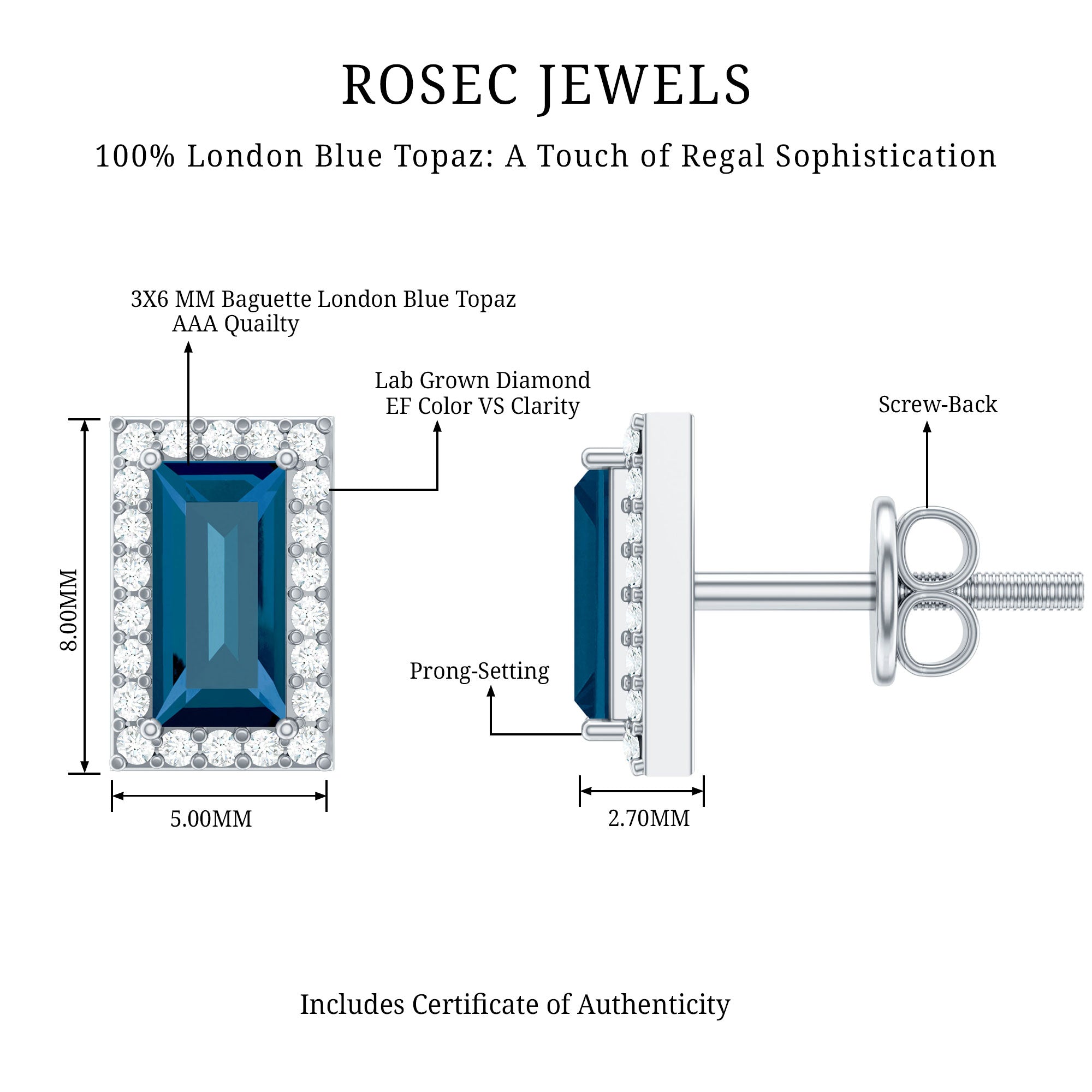Natural Half Carat Baguette London Blue Topaz Stud Earrings with Diamond Halo