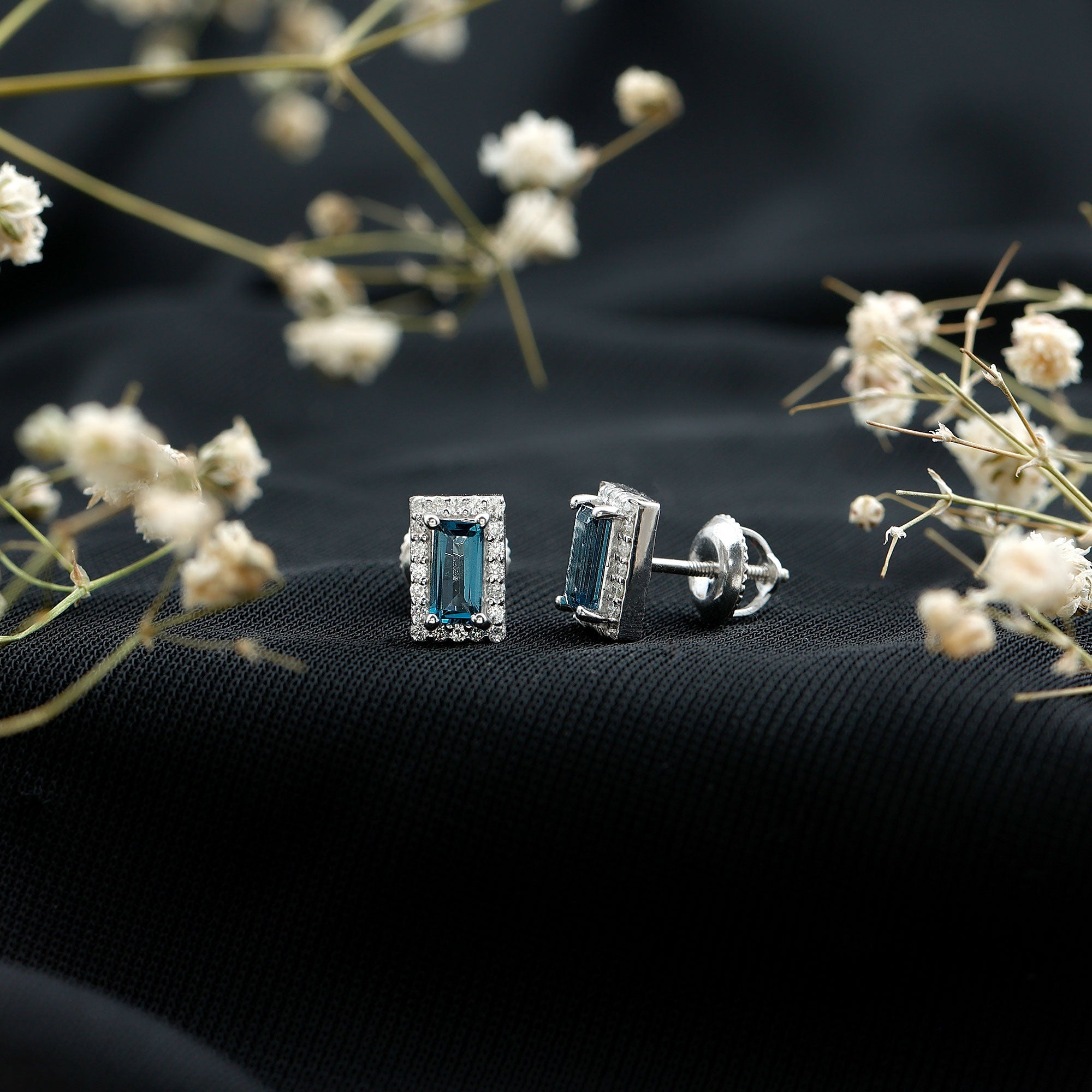 Natural Half Carat Baguette London Blue Topaz Stud Earrings with Diamond Halo