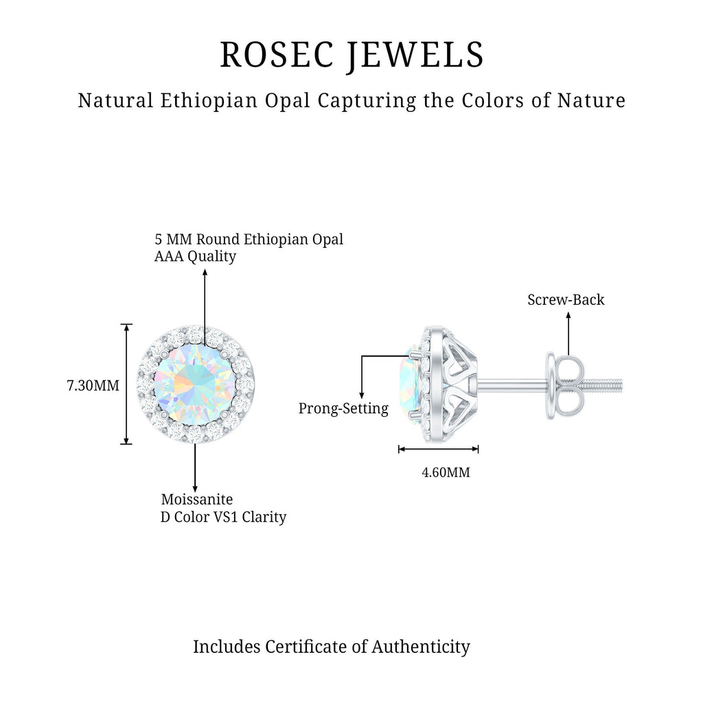 Natural Ethiopian Opal and Moissanite Halo Stud Earrings