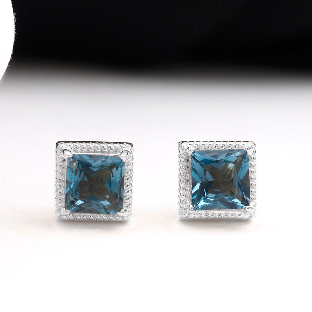 2 Carat Princess Cut London Blue Topaz Stud Earrings