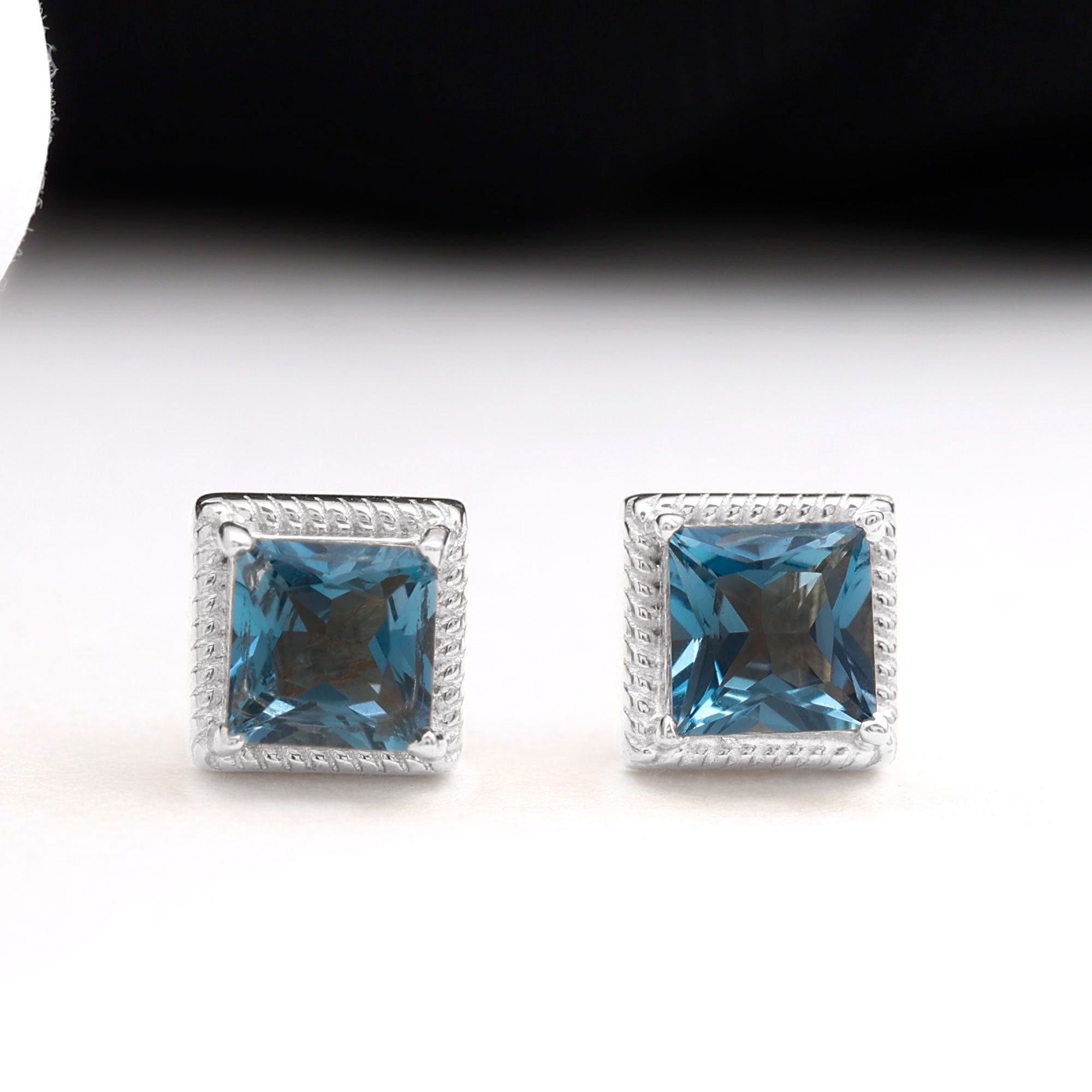 2 Carat Princess Cut London Blue Topaz Stud Earrings