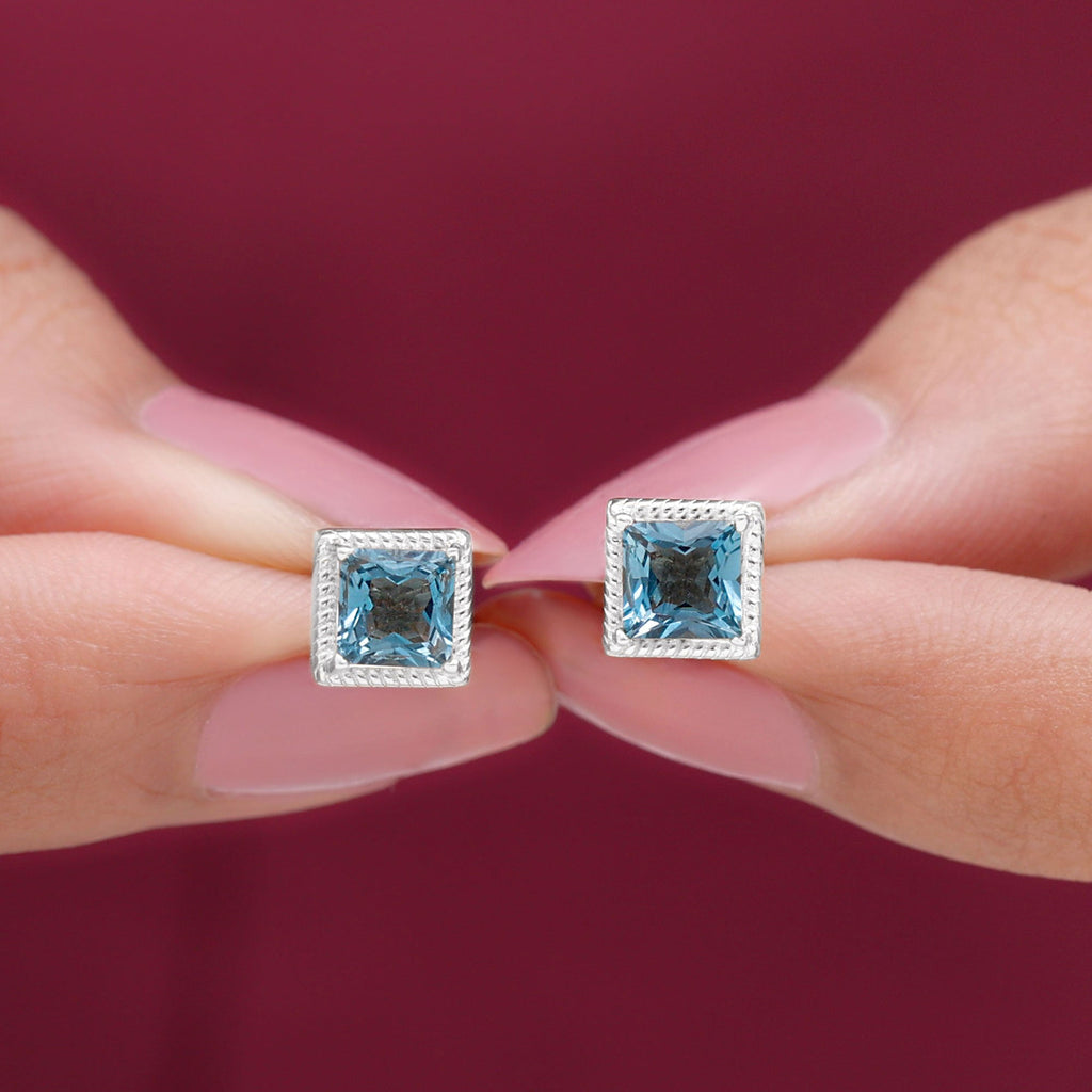 2 Carat Princess Cut London Blue Topaz Stud Earrings