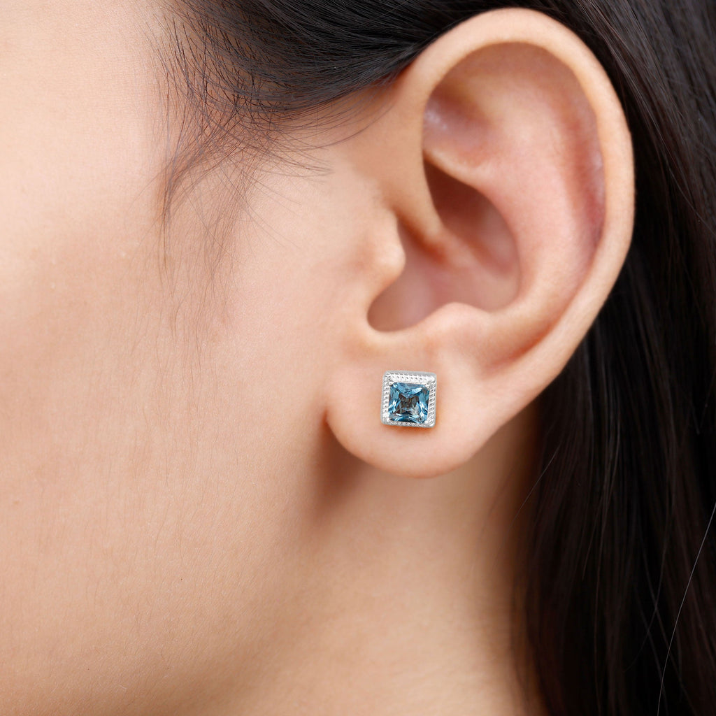 2 Carat Princess Cut London Blue Topaz Stud Earrings