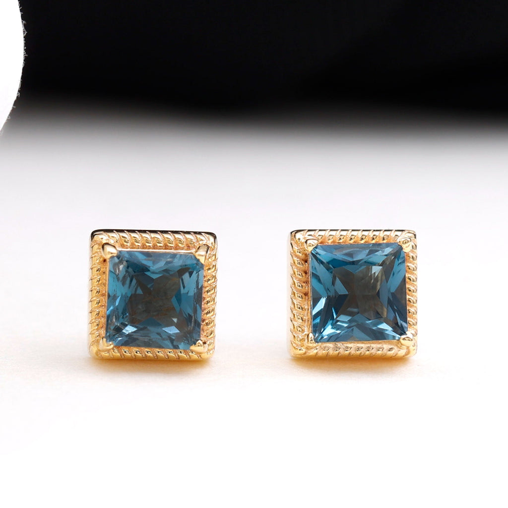 2 Carat Princess Cut London Blue Topaz Stud Earrings