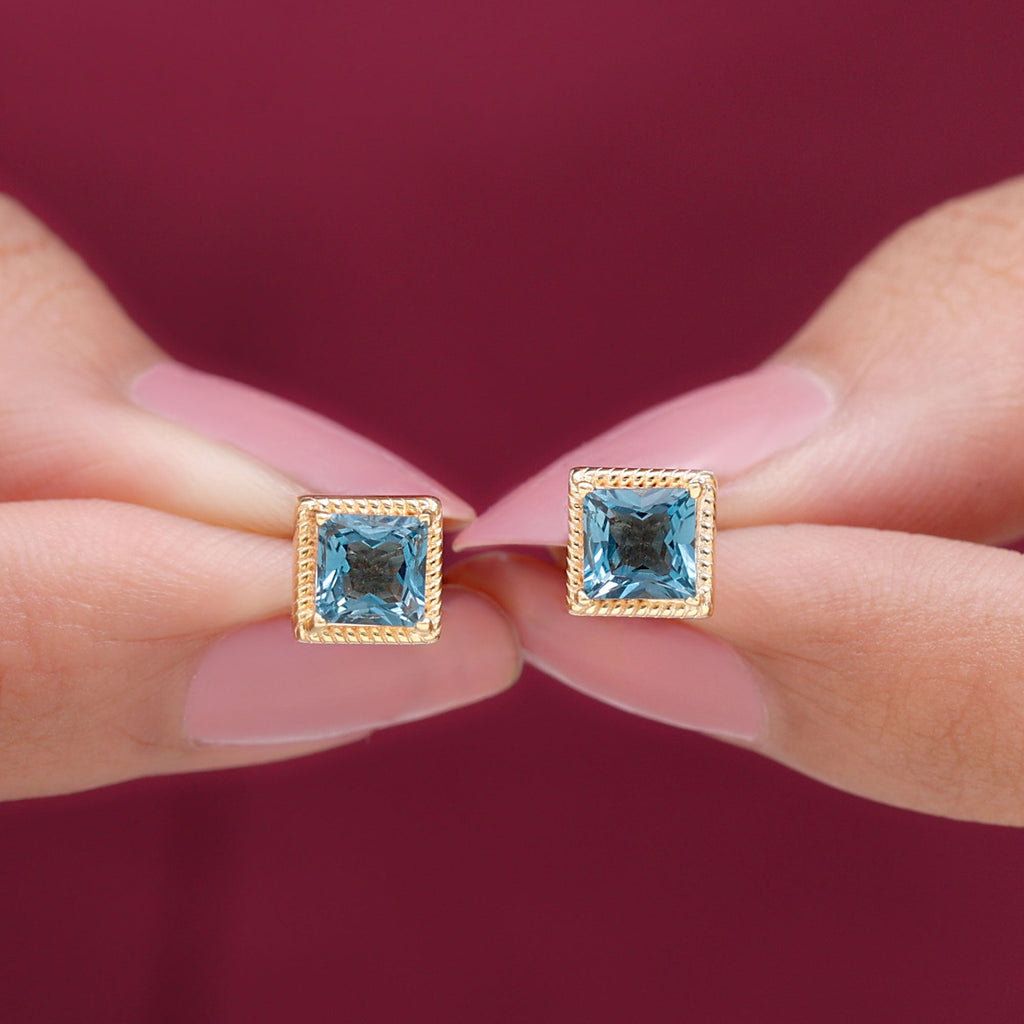 2 Carat Princess Cut London Blue Topaz Stud Earrings