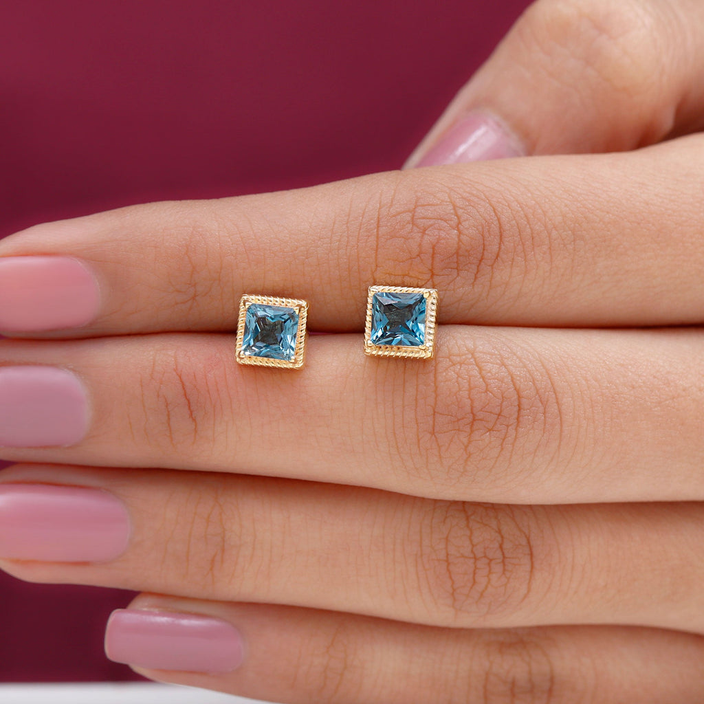 2 Carat Princess Cut London Blue Topaz Stud Earrings
