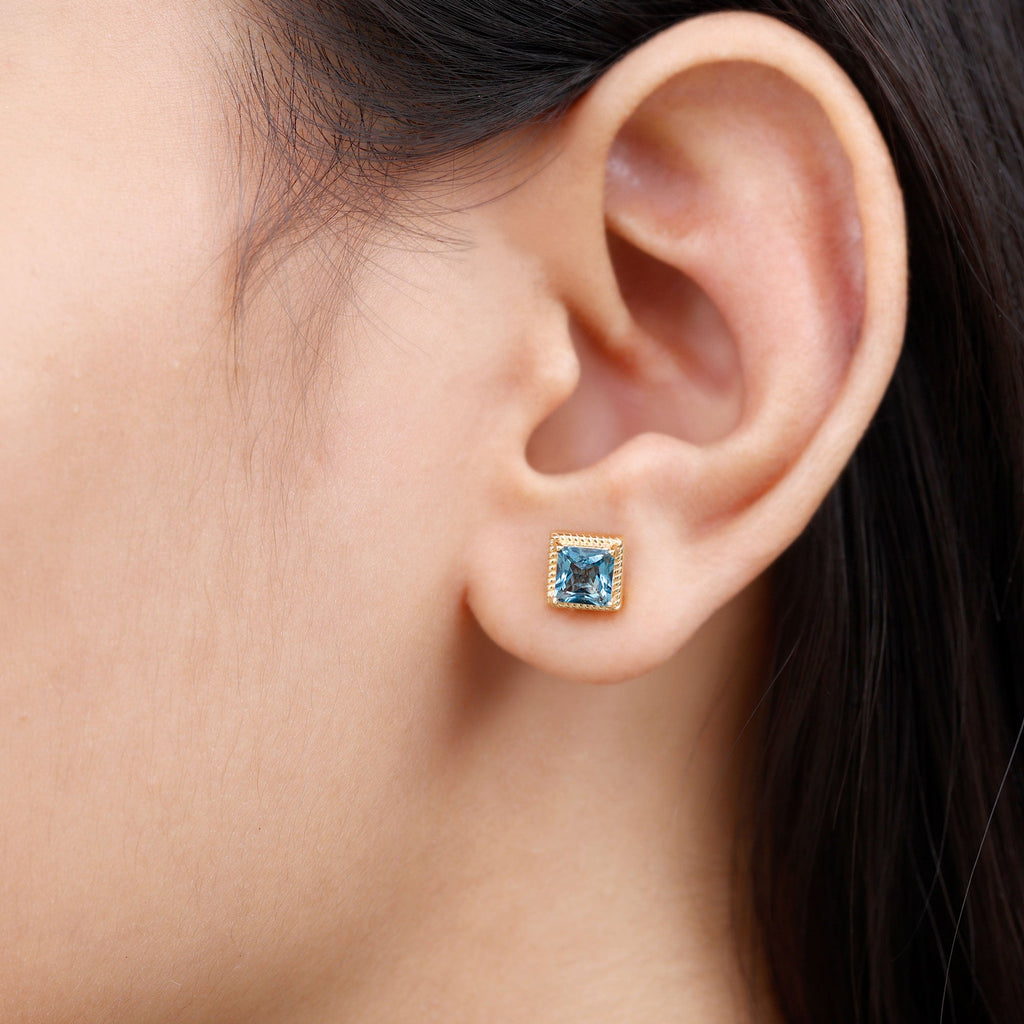 2 Carat Princess Cut London Blue Topaz Stud Earrings