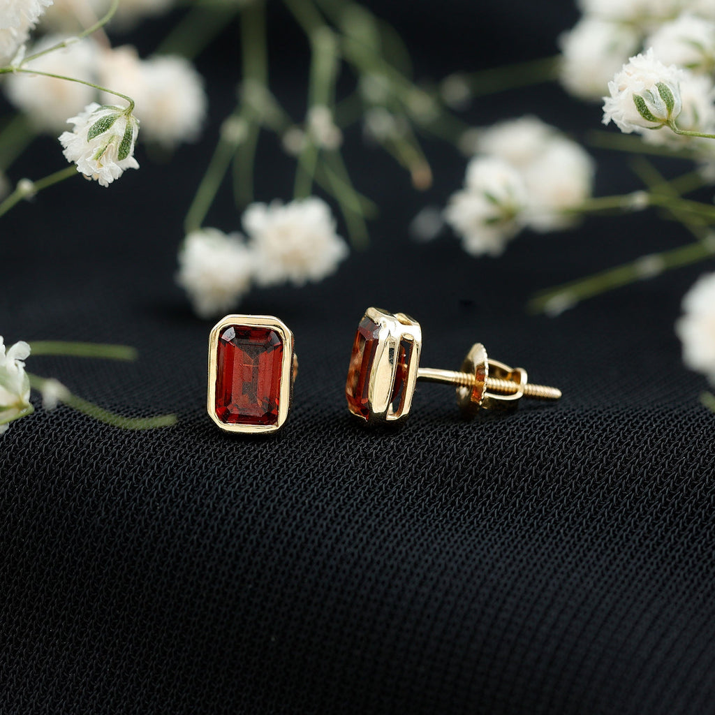 1.5 CT Emerald Cut Garnet Solitaire Stud Earrings in Bezel Setting